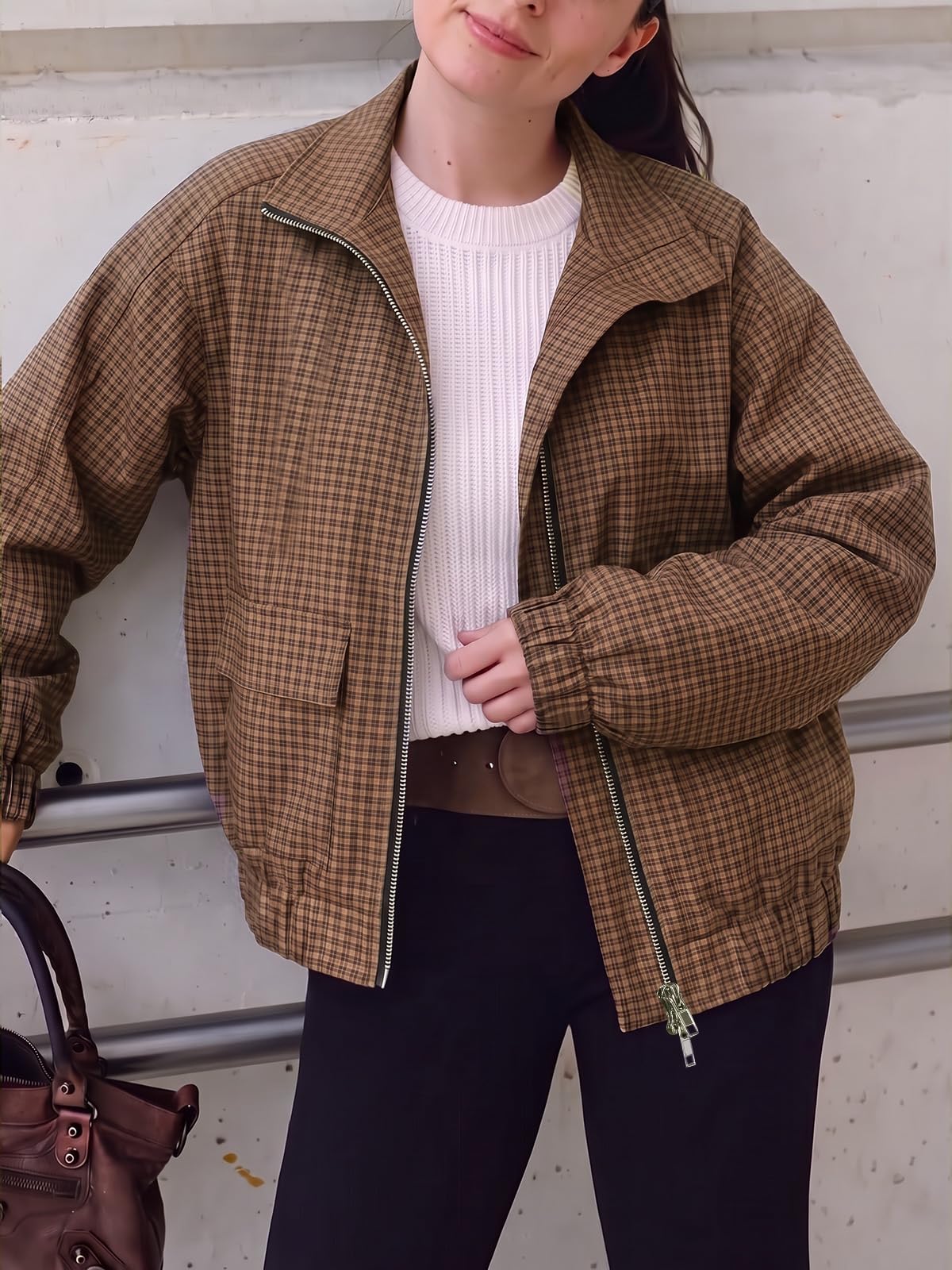Womens Cropped Plaid Jacket Zip Up Lightweight Casual Coat with Pockets