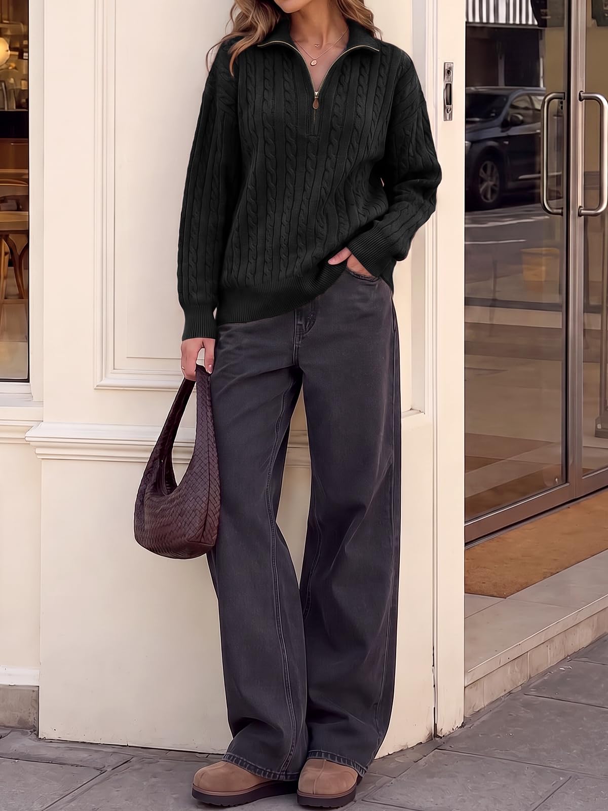 Fisoew Womens Sweaters Quarter Zip Ribbed Cable Knit Pullover Tops 2026