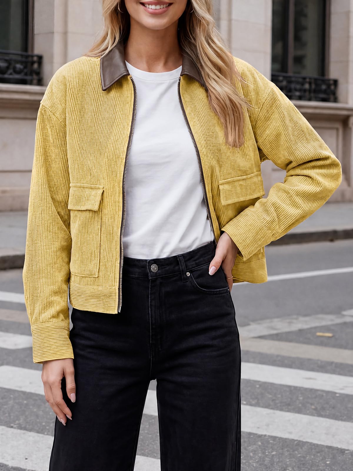 Tankaneo Womens Cropped Corduroy Jackets Oversized Zip Up Barn Bomber Coat