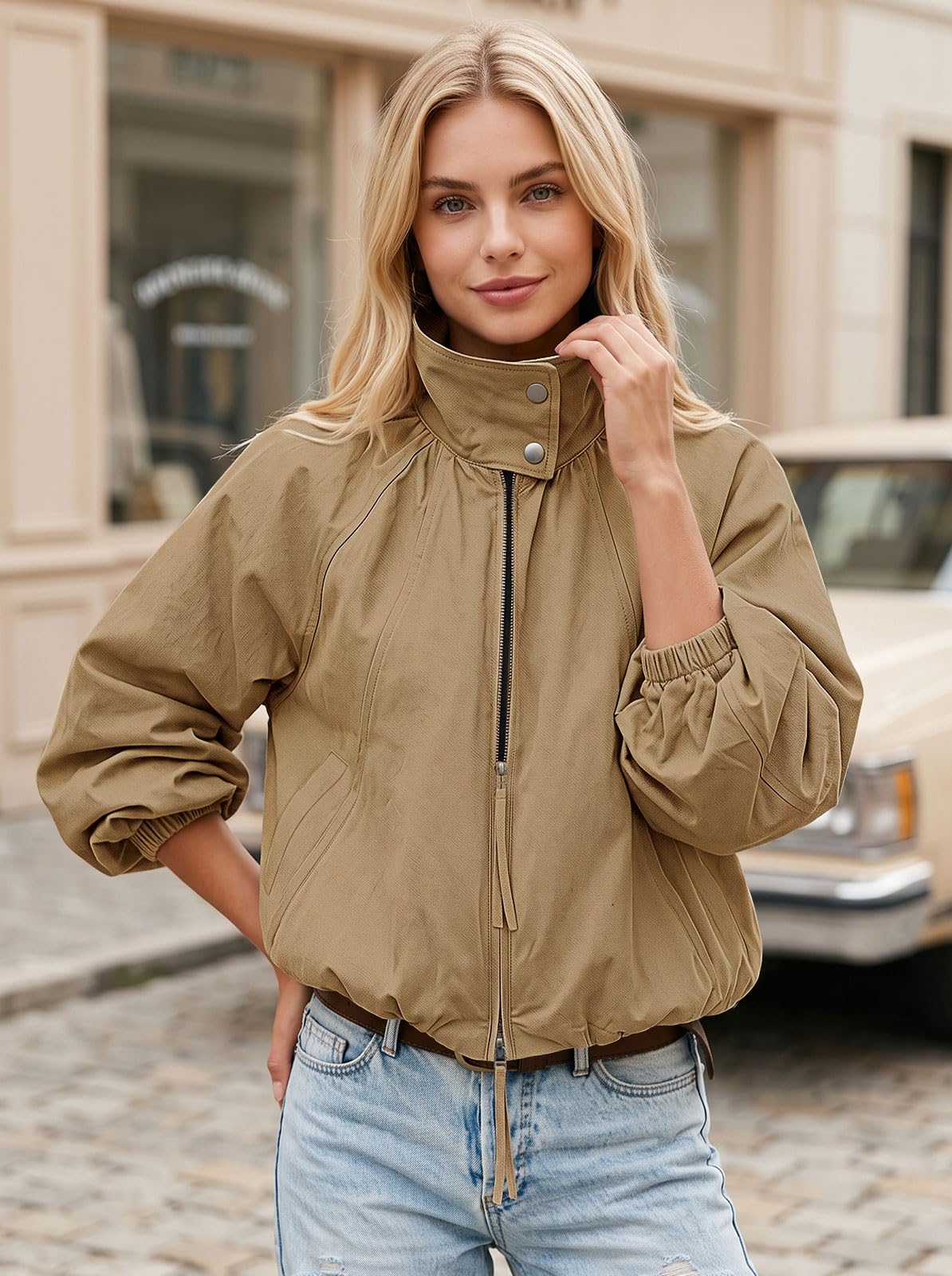 Womens Bomber Jacket Puffed Collar Trench Coat Funnel Neck Cropped Jackets