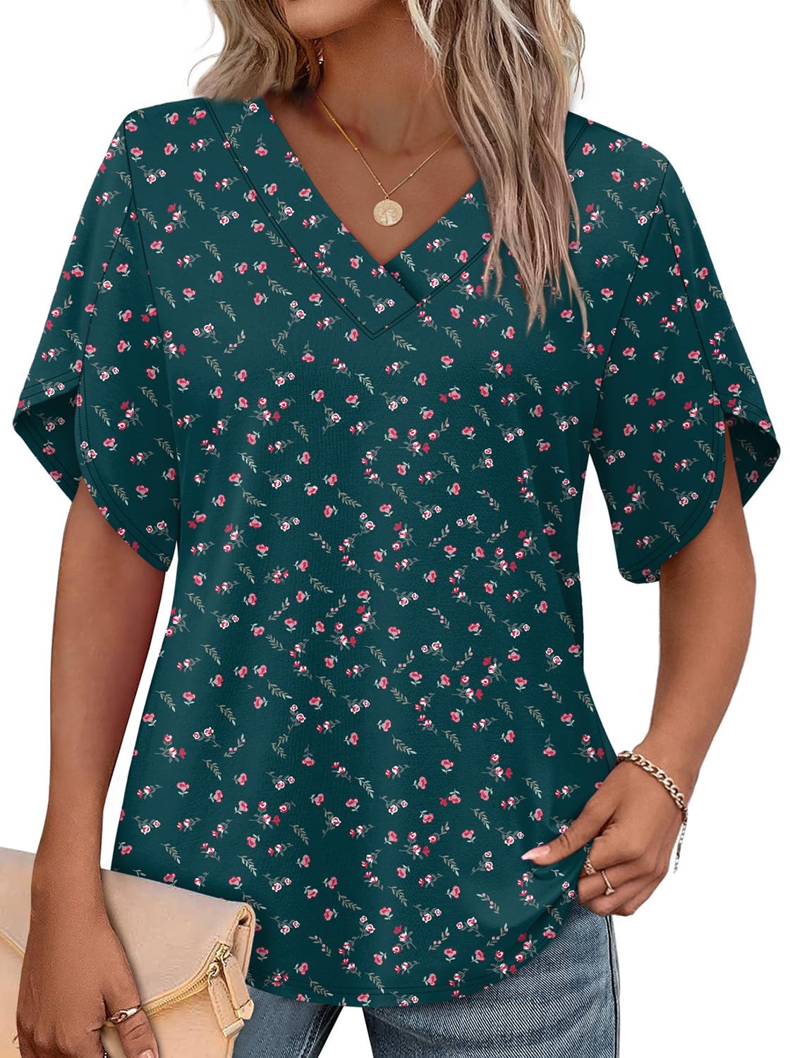 WIHOLL Womens Summer Tops Short Petal Sleeve Shirts Fashion V Neck Womens Clothing