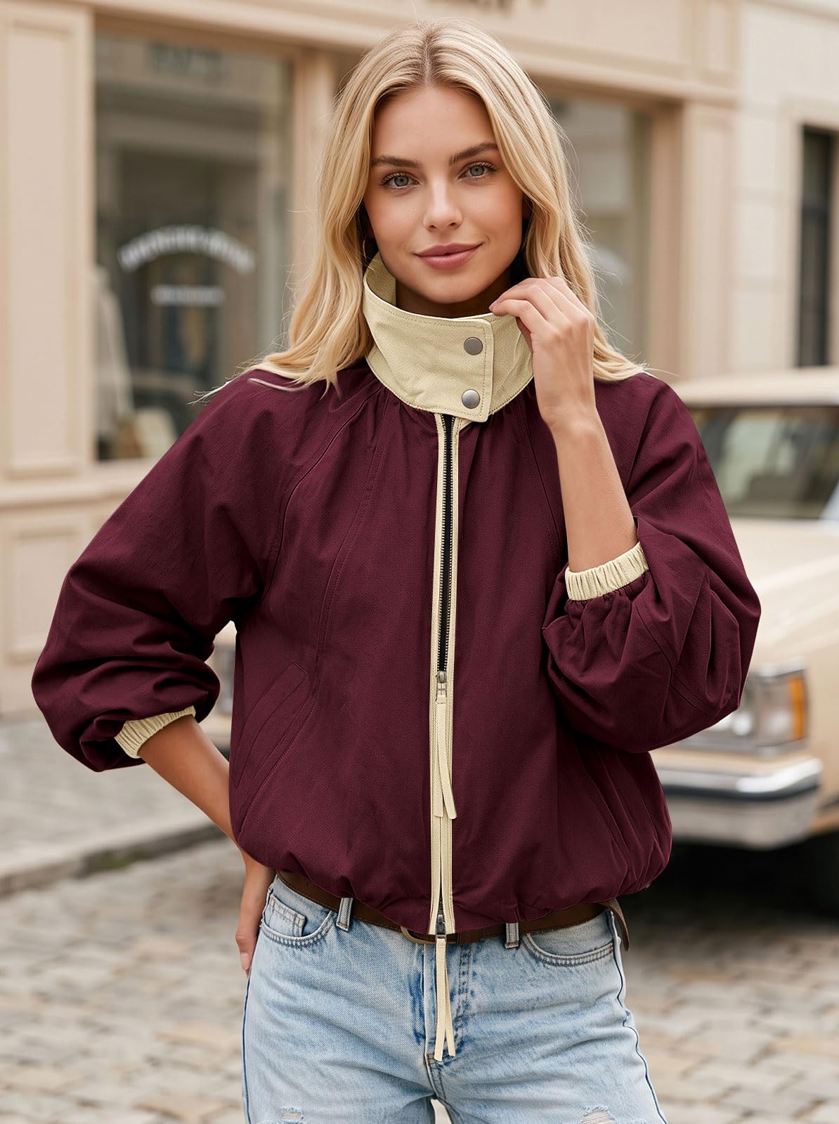 Womens Bomber Jacket Puffed Collar Trench Coat Funnel Neck Cropped Jackets