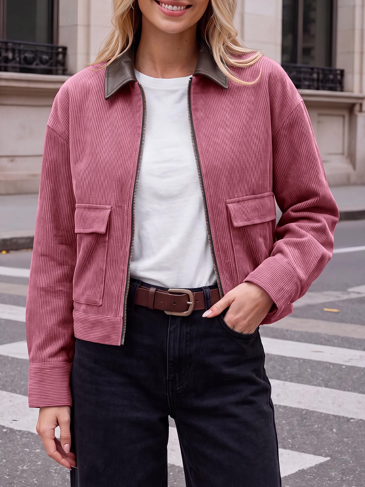 Tankaneo Womens Cropped Corduroy Jackets Oversized Zip Up Barn Bomber Coat
