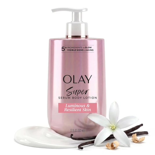 Olay Super Serum Hand & Body Lotion for Aging, 24hr Long Lasting Moisture, Fast Absorbing, 5+ Ingredient Complex for Bright Even Firm Luminous Skin, Sweet Vanilla & Soft Wood Scent, 17 fl oz