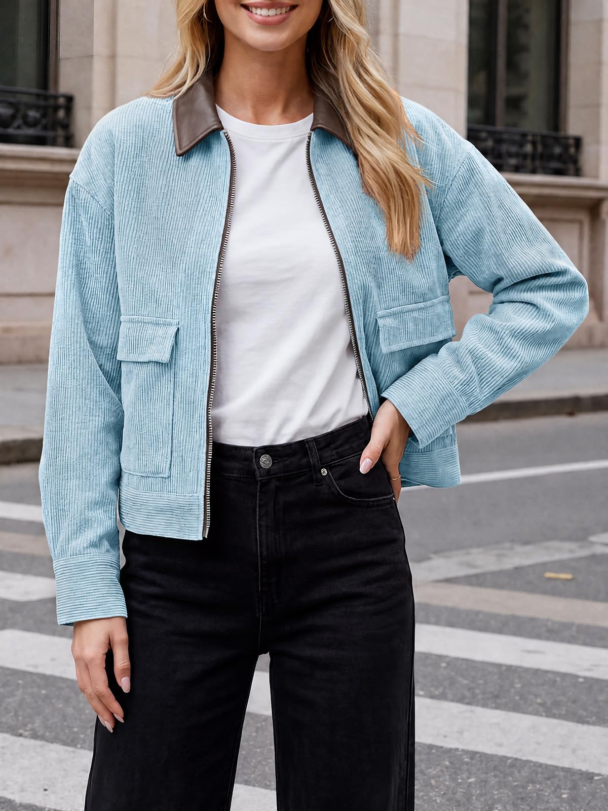 Tankaneo Womens Cropped Corduroy Jackets Oversized Zip Up Barn Bomber Coat