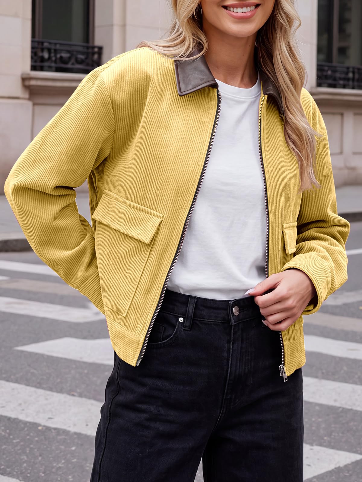 Tankaneo Womens Cropped Corduroy Jackets Oversized Zip Up Barn Bomber Coat