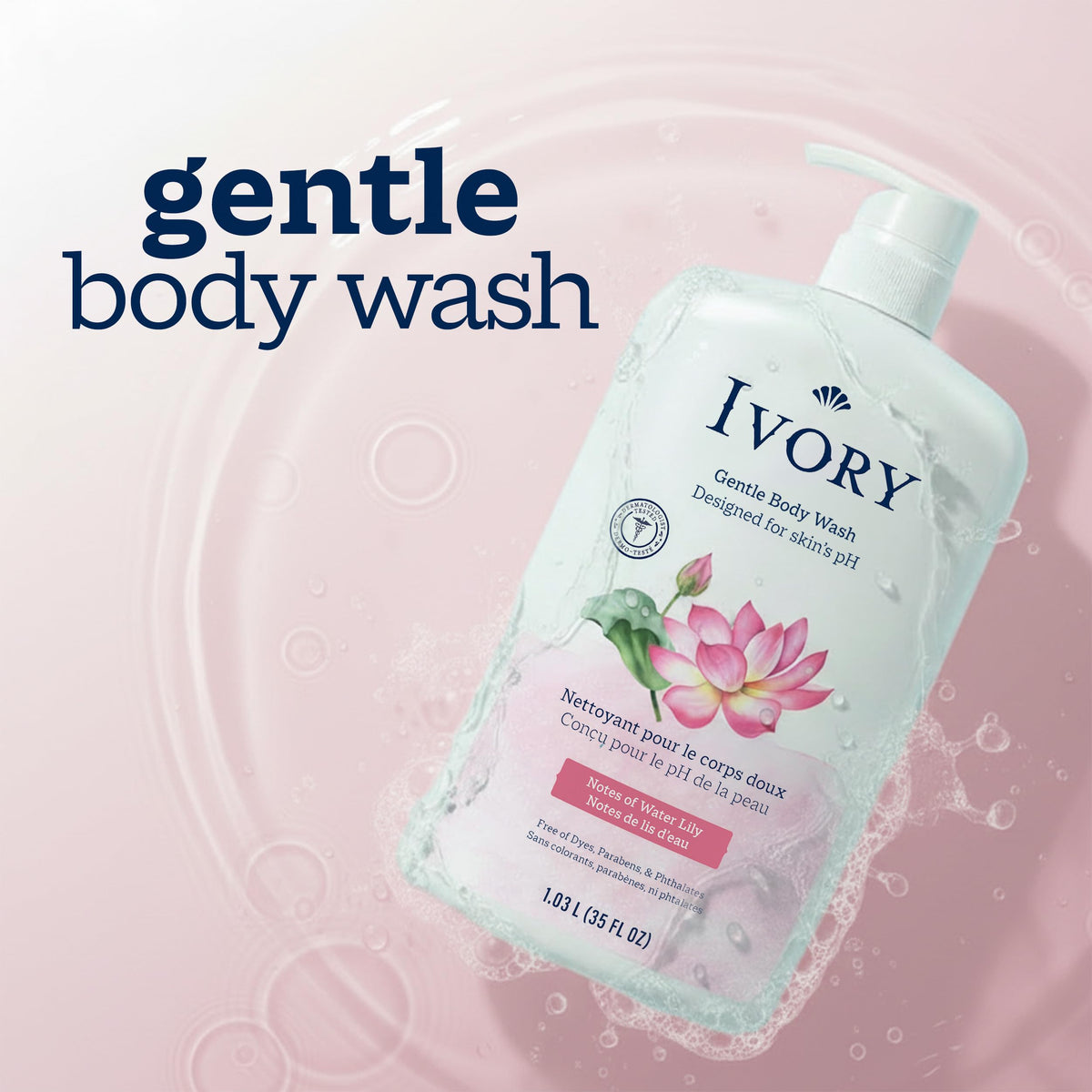 Ivory Body Wash, Designed for the Whole Family, Gentle Formula, Free of Dyes Heavy Perfumes Parabens Phthalates & Silicones, for Sensitive Skin, Designed for Skin's pH, Original Scent, 35 oz