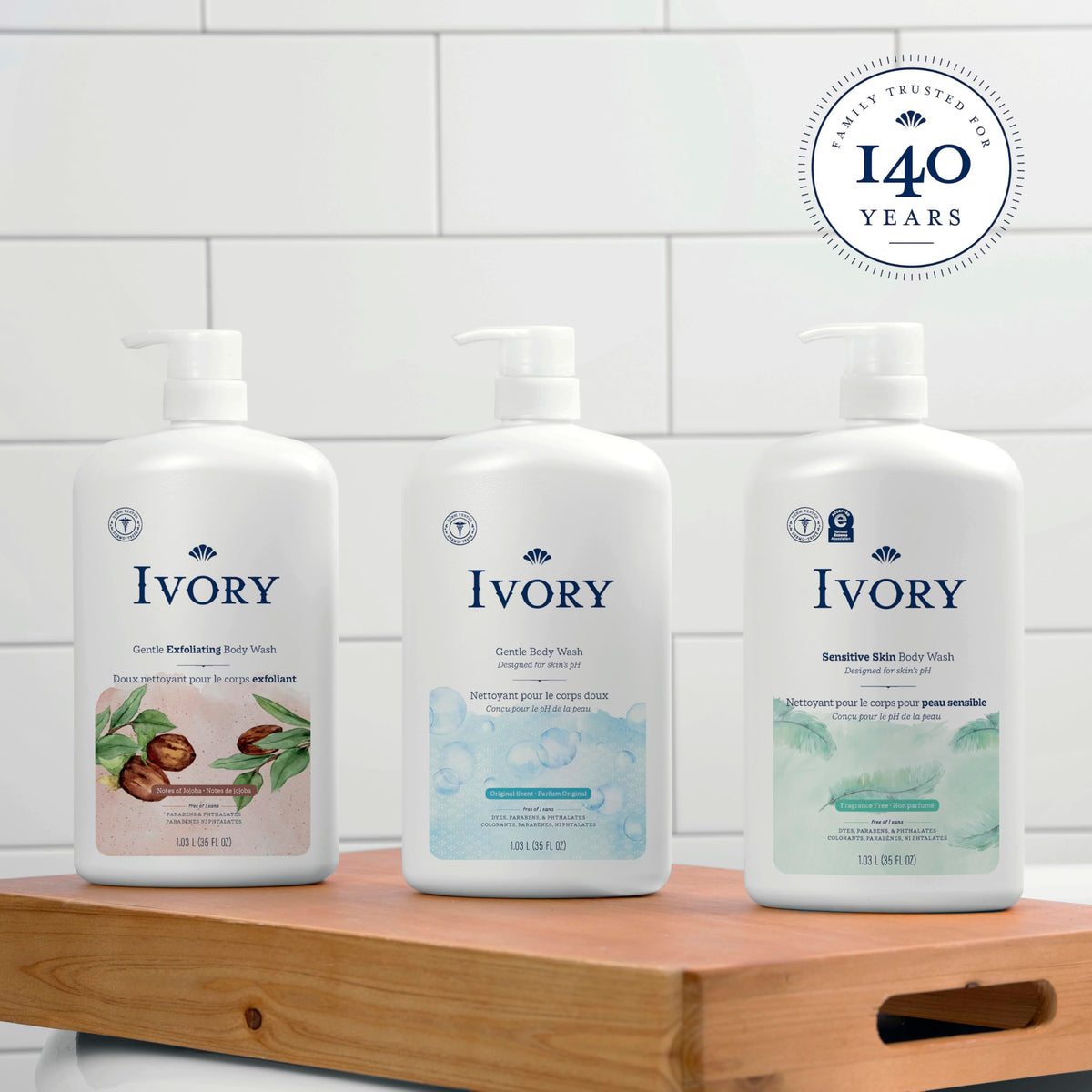 Ivory Body Wash, Designed for the Whole Family, Gentle Formula, Free of Dyes Heavy Perfumes Parabens Phthalates & Silicones, for Sensitive Skin, Designed for Skin's pH, Original Scent, 35 oz