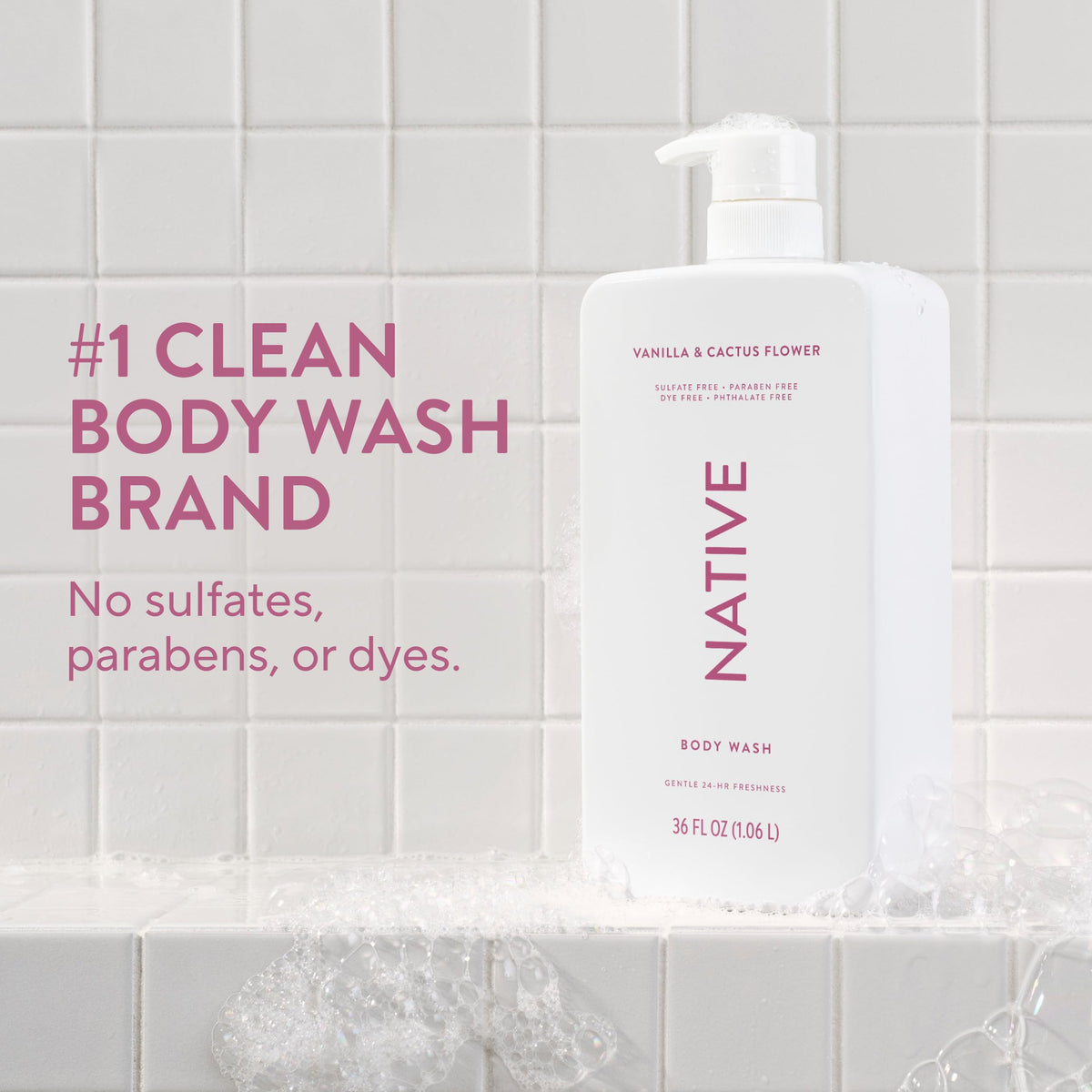Native Clean Body Wash, Gentle & pH-balanced for Sensitive Skin, 24-Hr Freshness for Women & Men, Vegan & Cruelty-Free, Free of Sulfates, Parabens & Phthalates, Coconut & Vanilla, 36 oz