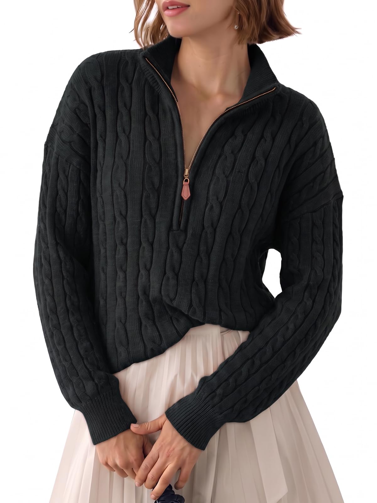 Fisoew Womens Sweaters Quarter Zip Ribbed Cable Knit Pullover Tops 2026