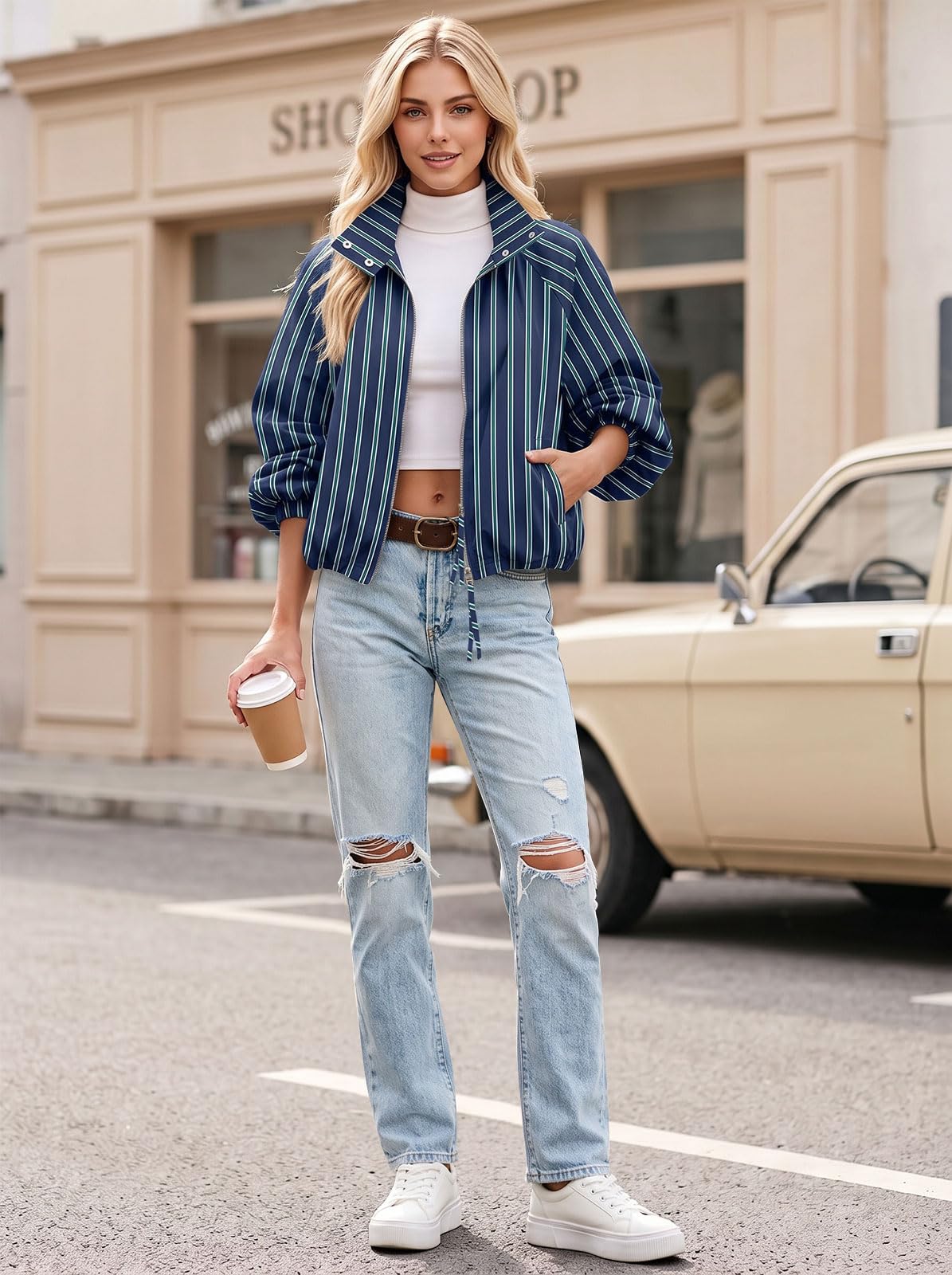 Womens Bomber Jacket Puffed Collar Trench Coat Funnel Neck Cropped Jackets