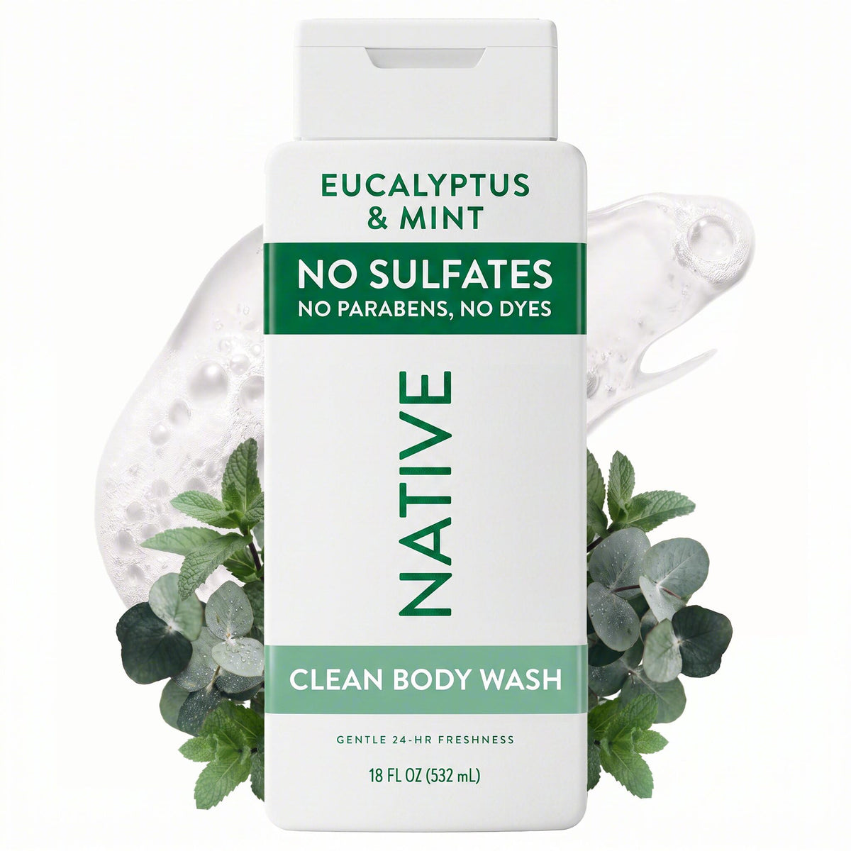 Native Clean Body Wash, Gentle & pH-balanced for Sensitive Skin, 24-Hr Freshness for Men & Women, Vegan & Cruelty-Free, Free of Sulfates & Parabens, Balsam & White Woods, 18 fl oz
