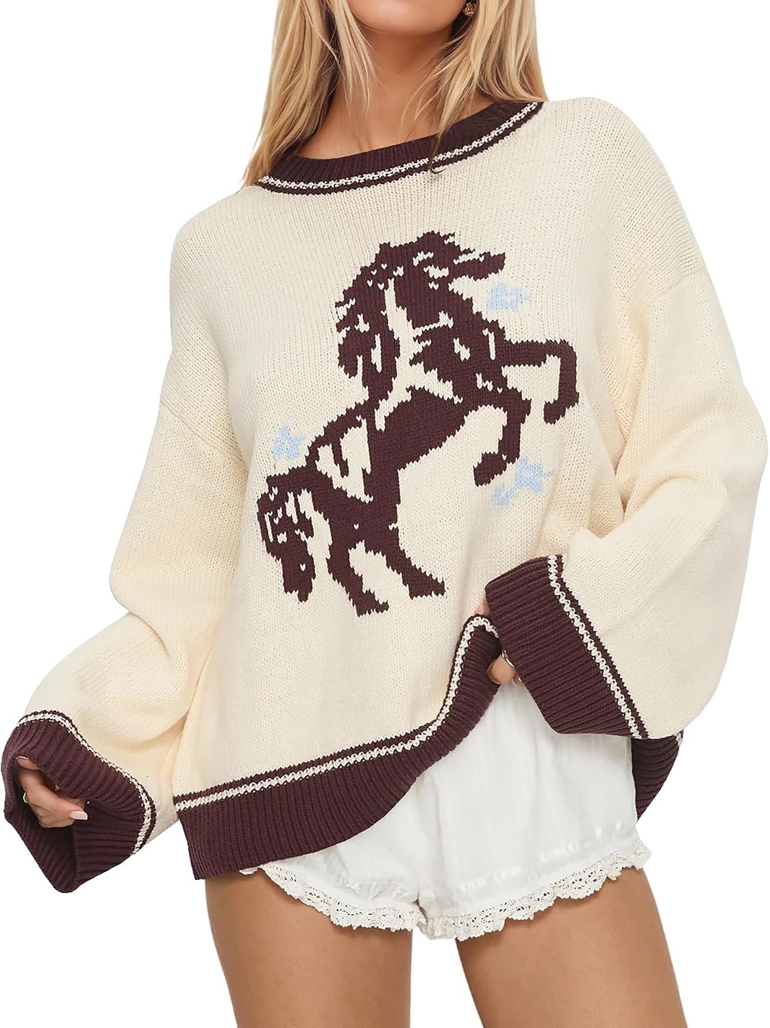 Women Oversized Horse Sweater Y2k Graphic Knit Pullover Long Sleeve Crewneck Aesthetic Horse Sweater Tops
