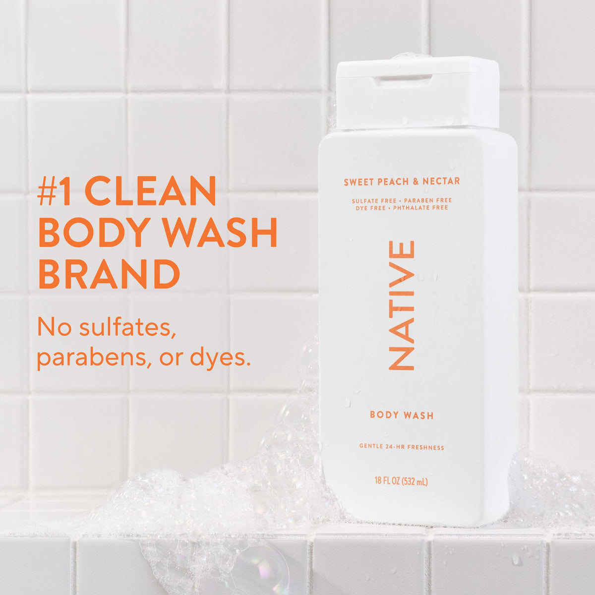 Native Clean Body Wash, Gentle & pH-balanced for Sensitive Skin, 24-Hr Freshness for Men & Women, Vegan & Cruelty-Free, Free of Sulfates & Parabens, Balsam & White Woods, 18 fl oz