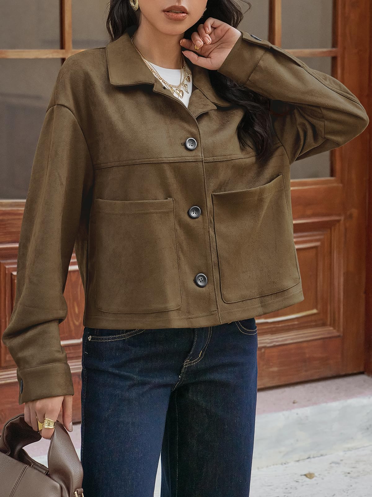 Tankaneo Womens Cropped Faux Suede Leather Jackets Lapel Collar Shackets