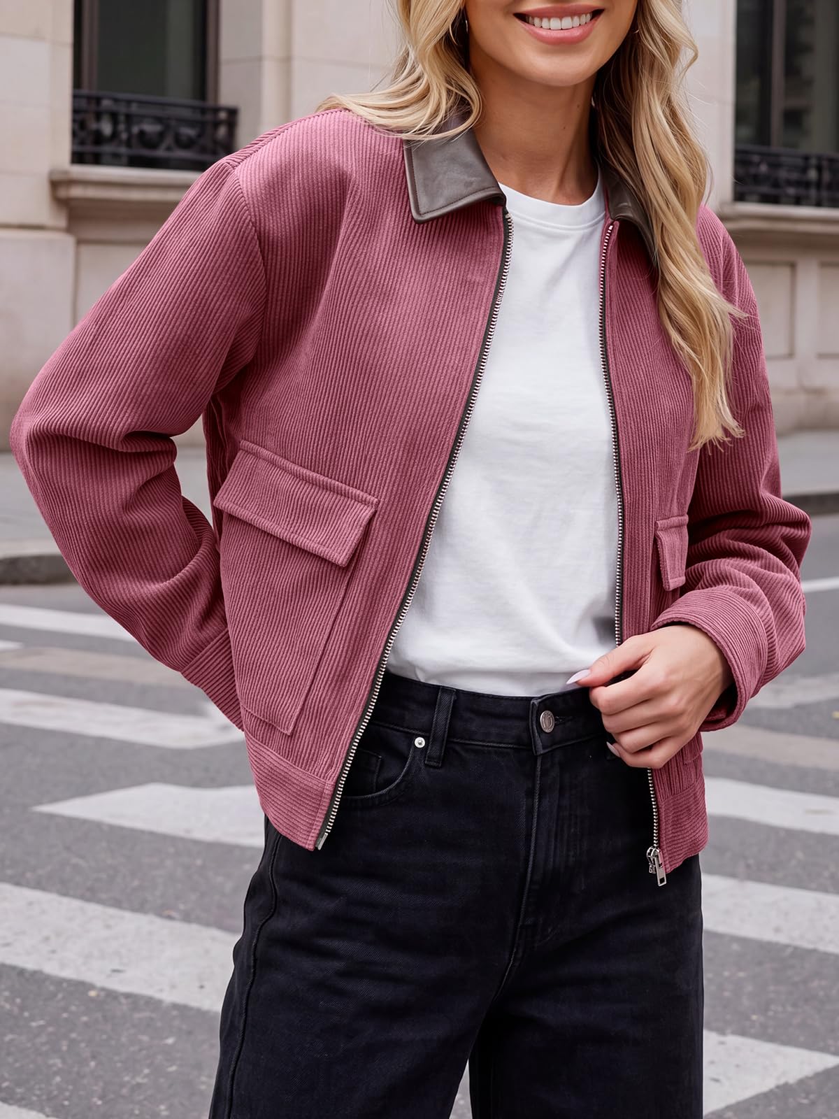 Tankaneo Womens Cropped Corduroy Jackets Oversized Zip Up Barn Bomber Coat