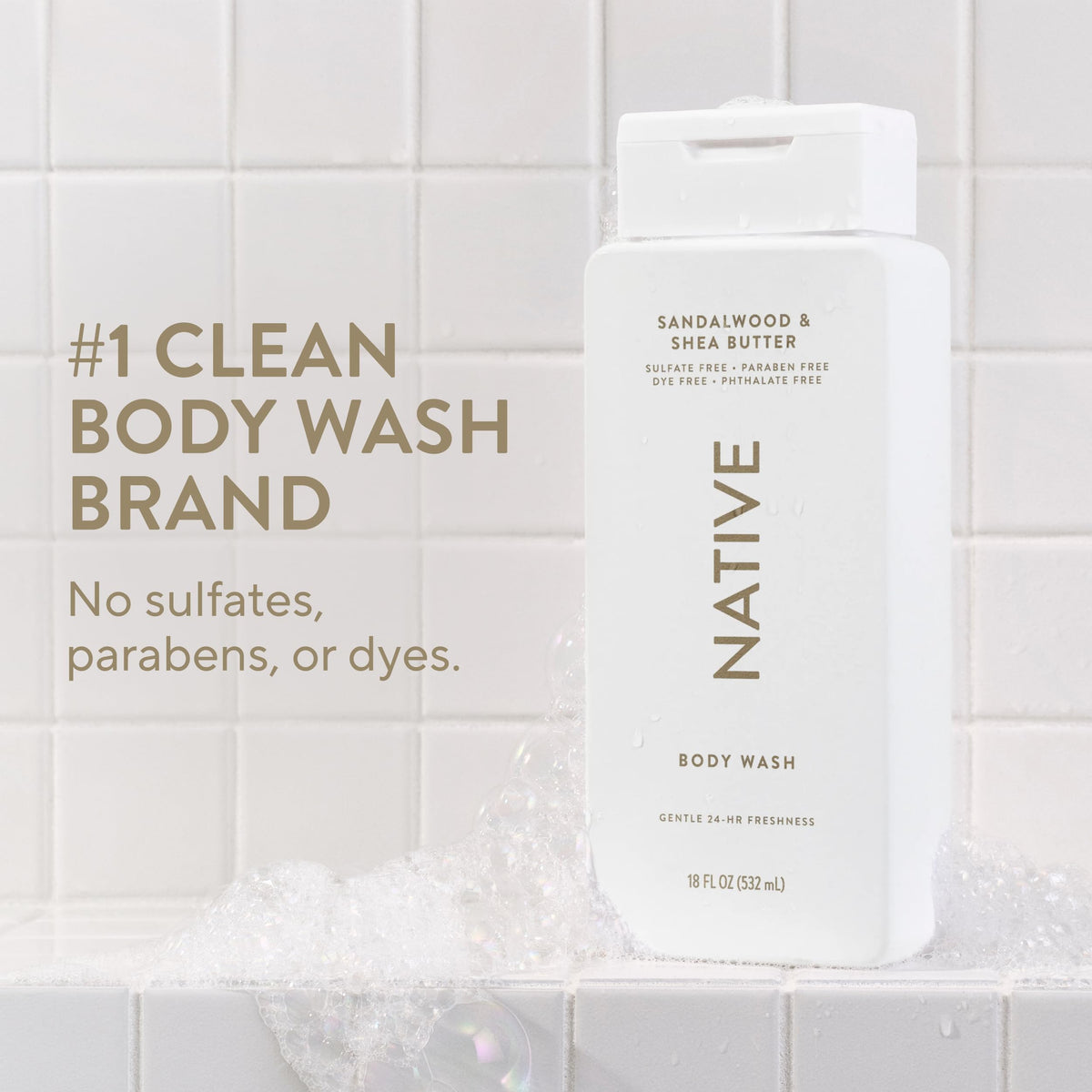 Native Clean Body Wash, Gentle & pH-balanced for Sensitive Skin, 24-Hr Freshness for Men & Women, Vegan & Cruelty-Free, Free of Sulfates & Parabens, Balsam & White Woods, 18 fl oz