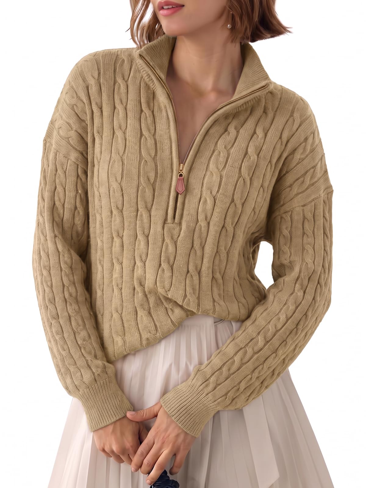 Fisoew Womens Sweaters Quarter Zip Ribbed Cable Knit Pullover Tops 2026