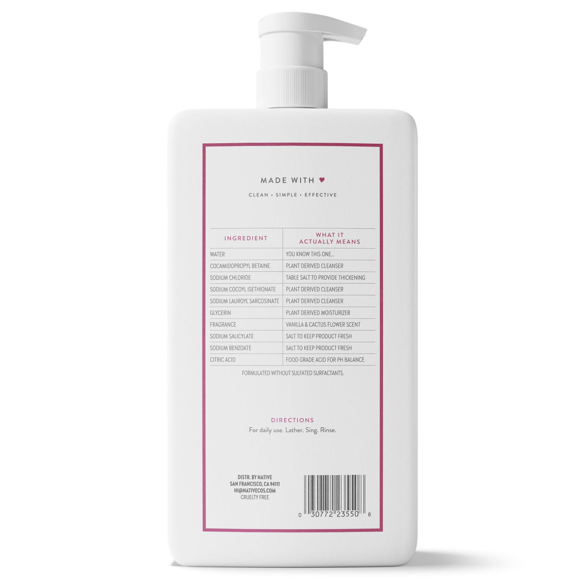 Native Clean Body Wash, Gentle & pH-balanced for Sensitive Skin, 24-Hr Freshness for Women & Men, Vegan & Cruelty-Free, Free of Sulfates, Parabens & Phthalates, Coconut & Vanilla, 36 oz