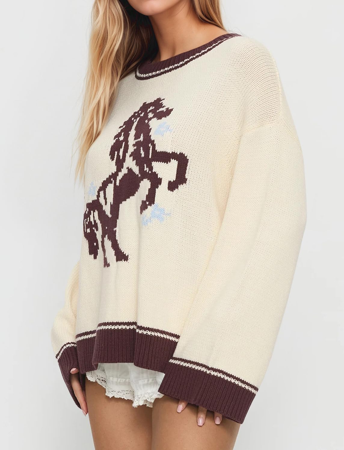 Women Oversized Horse Sweater Y2k Graphic Knit Pullover Long Sleeve Crewneck Aesthetic Horse Sweater Tops