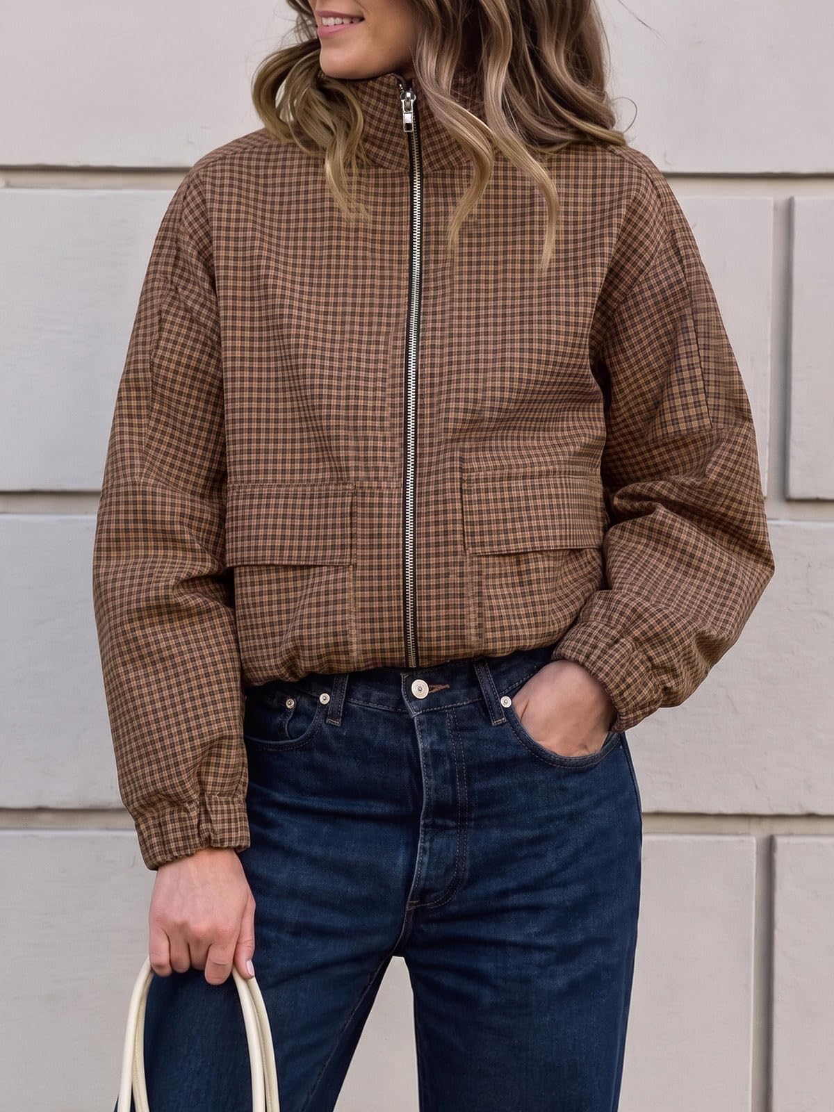 Womens Cropped Plaid Jacket Zip Up Lightweight Casual Coat with Pockets