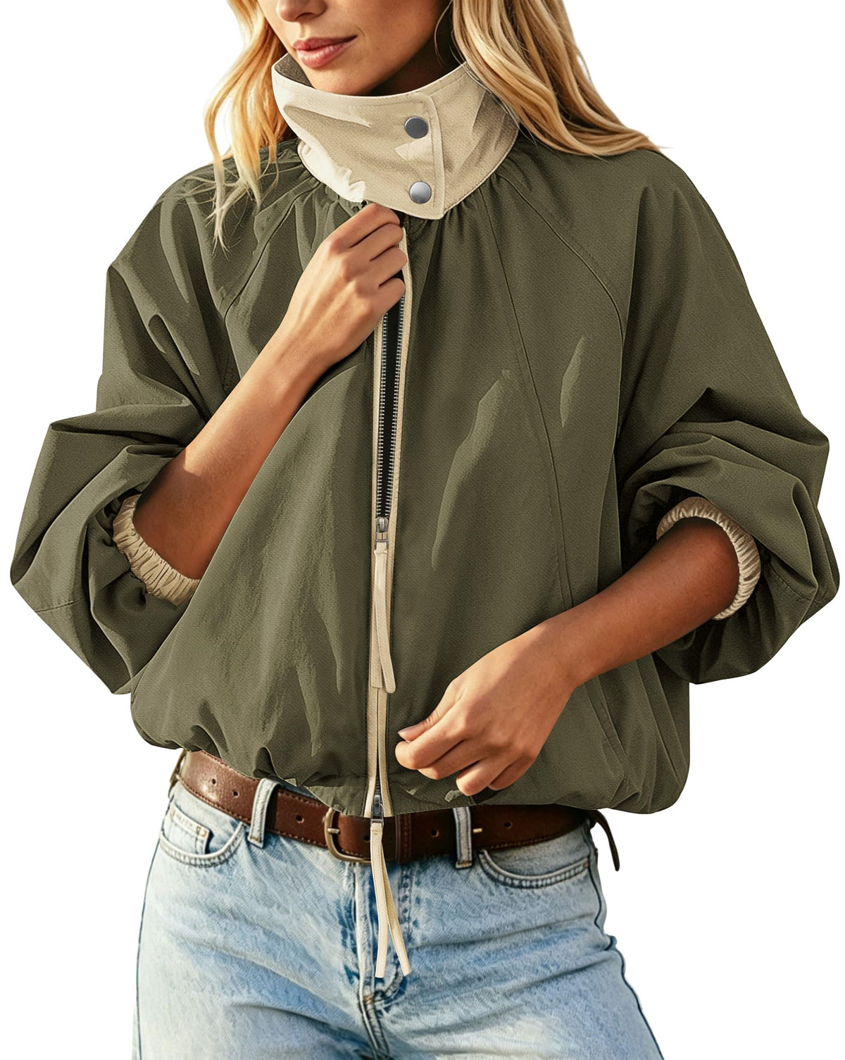 Womens Bomber Jacket Puffed Collar Trench Coat Funnel Neck Cropped Jackets