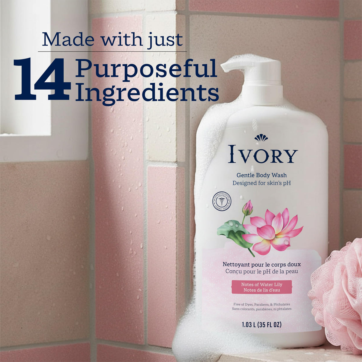 Ivory Body Wash, Designed for the Whole Family, Gentle Formula, Free of Dyes Heavy Perfumes Parabens Phthalates & Silicones, for Sensitive Skin, Designed for Skin's pH, Original Scent, 35 oz