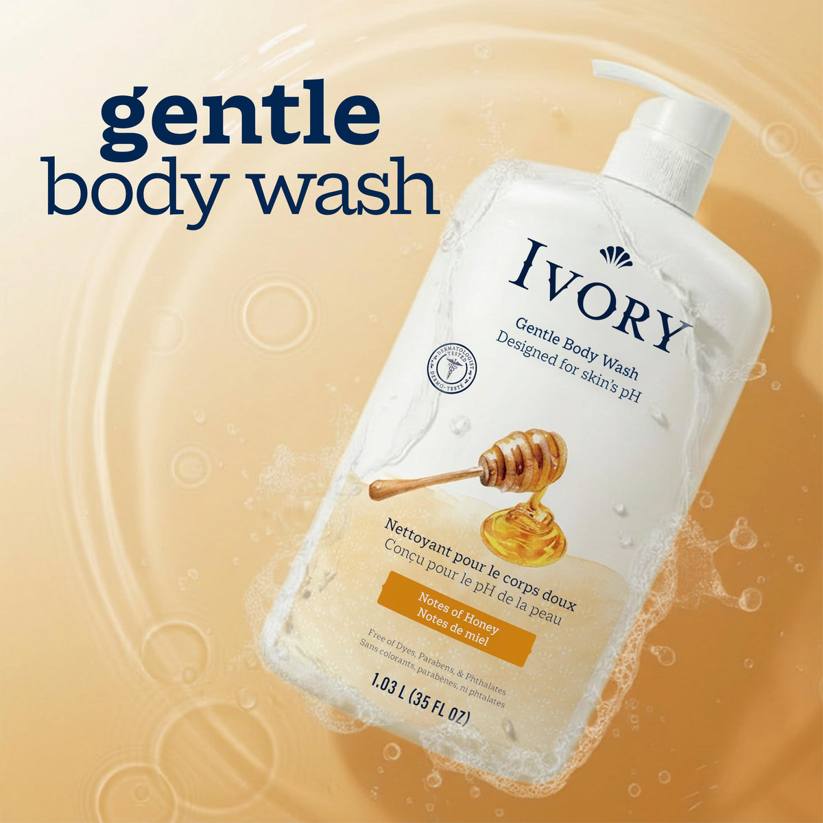 Ivory Body Wash, Designed for the Whole Family, Gentle Formula, Free of Dyes Heavy Perfumes Parabens Phthalates & Silicones, for Sensitive Skin, Designed for Skin's pH, Original Scent, 35 oz