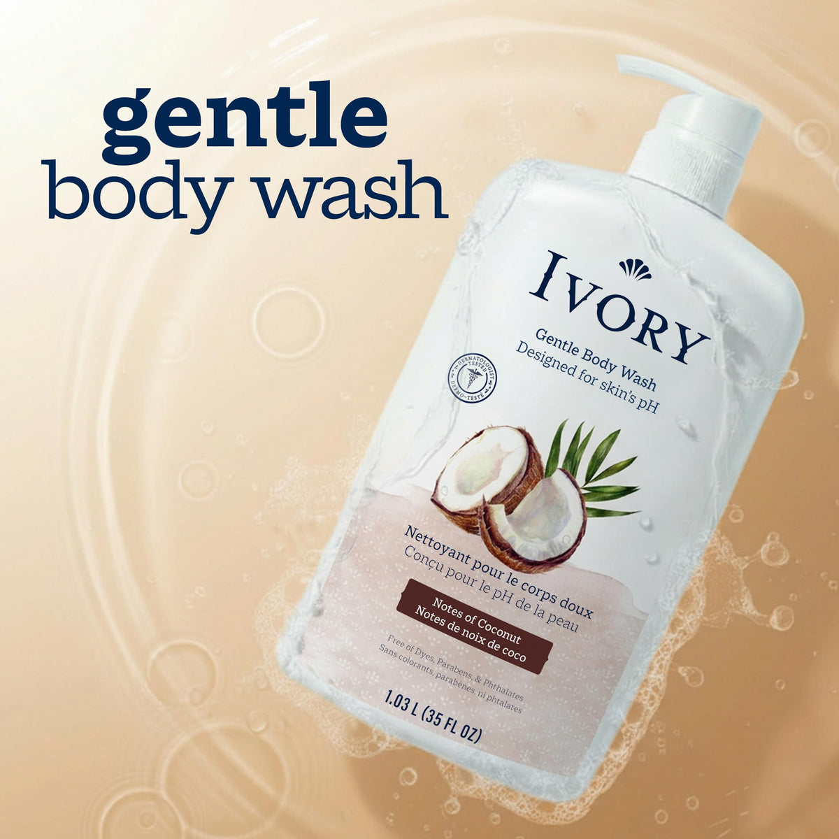 Ivory Body Wash, Designed for the Whole Family, Gentle Formula, Free of Dyes Heavy Perfumes Parabens Phthalates & Silicones, for Sensitive Skin, Designed for Skin's pH, Original Scent, 35 oz