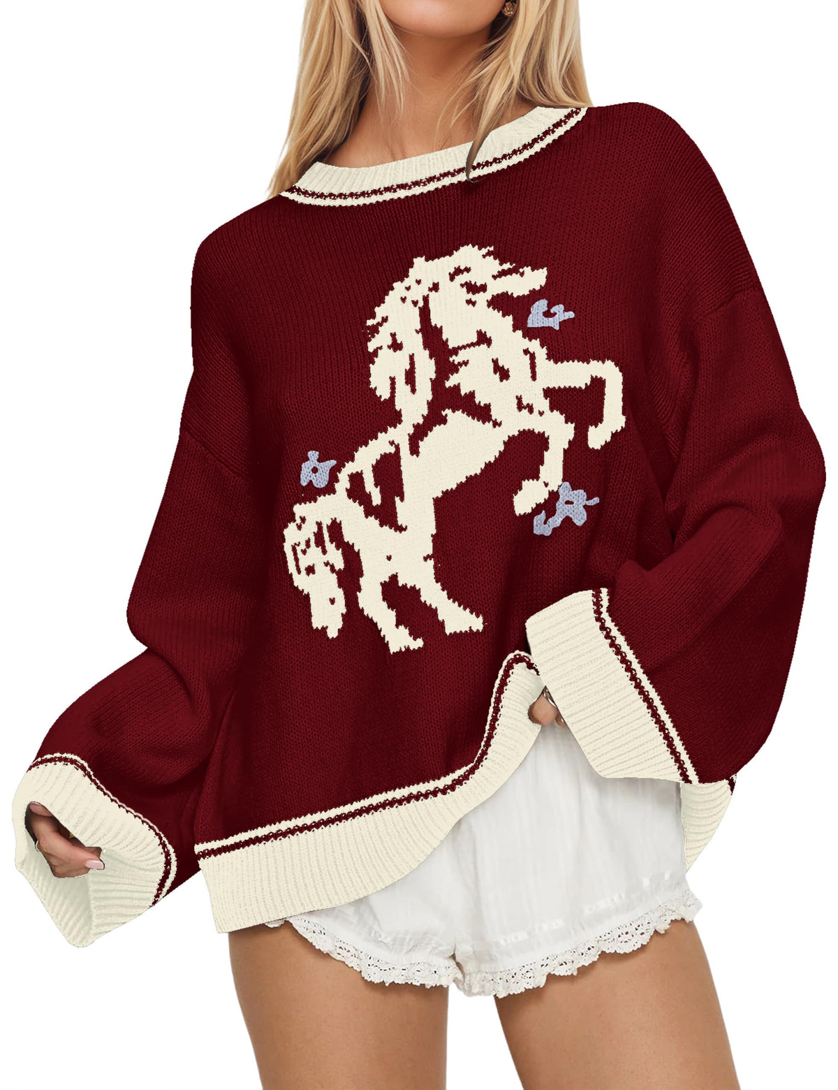 Women Oversized Horse Sweater Y2k Graphic Knit Pullover Long Sleeve Crewneck Aesthetic Horse Sweater Tops