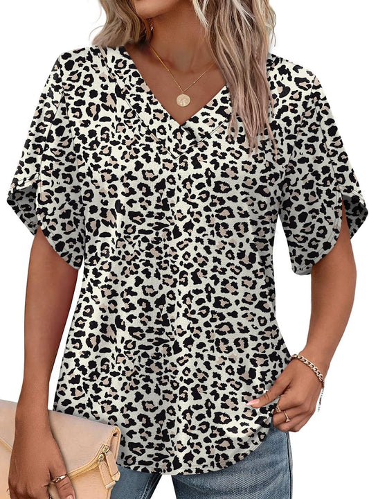 WIHOLL Womens Summer Tops Short Petal Sleeve Shirts Fashion V Neck Womens Clothing