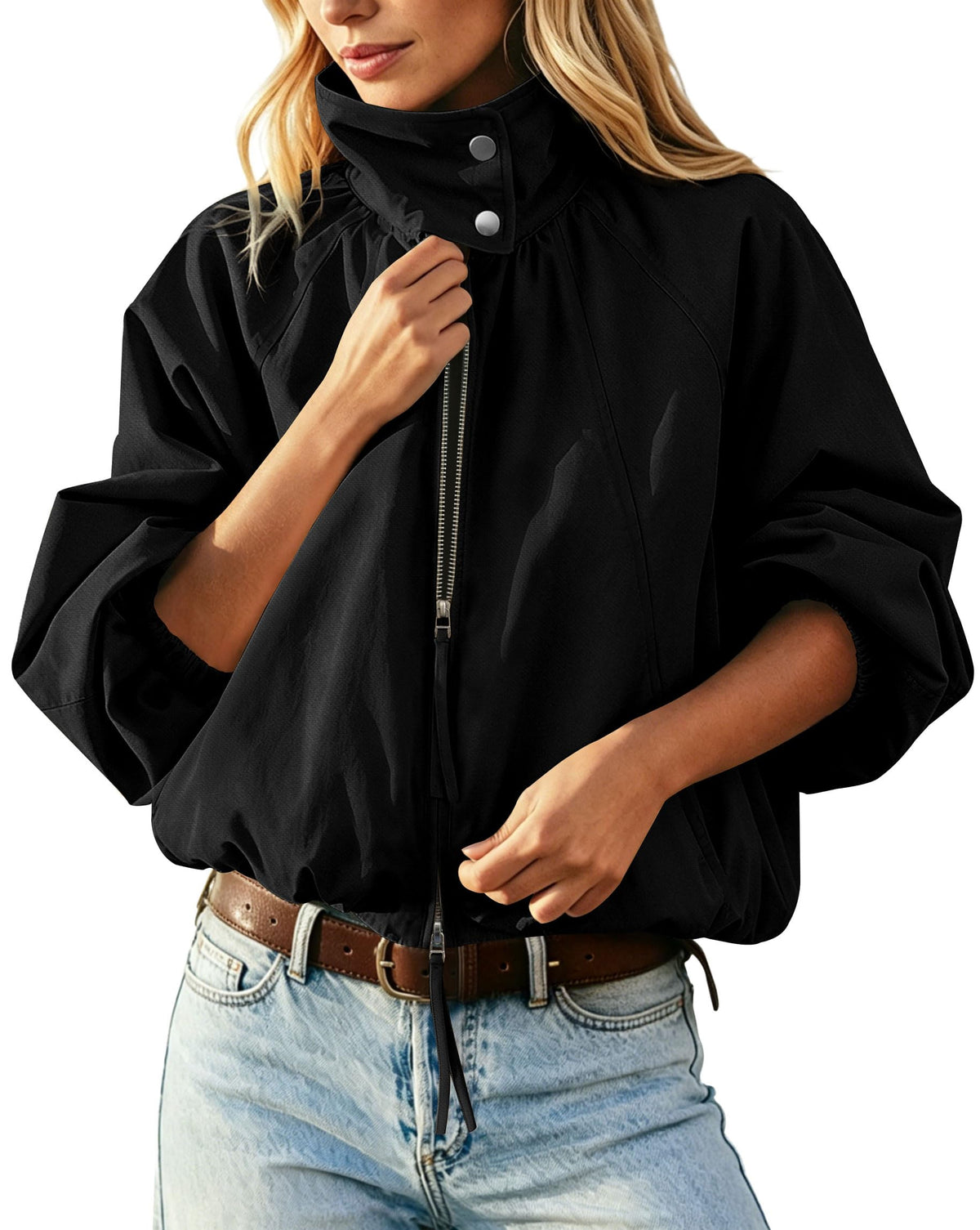 Womens Bomber Jacket Puffed Collar Trench Coat Funnel Neck Cropped Jackets