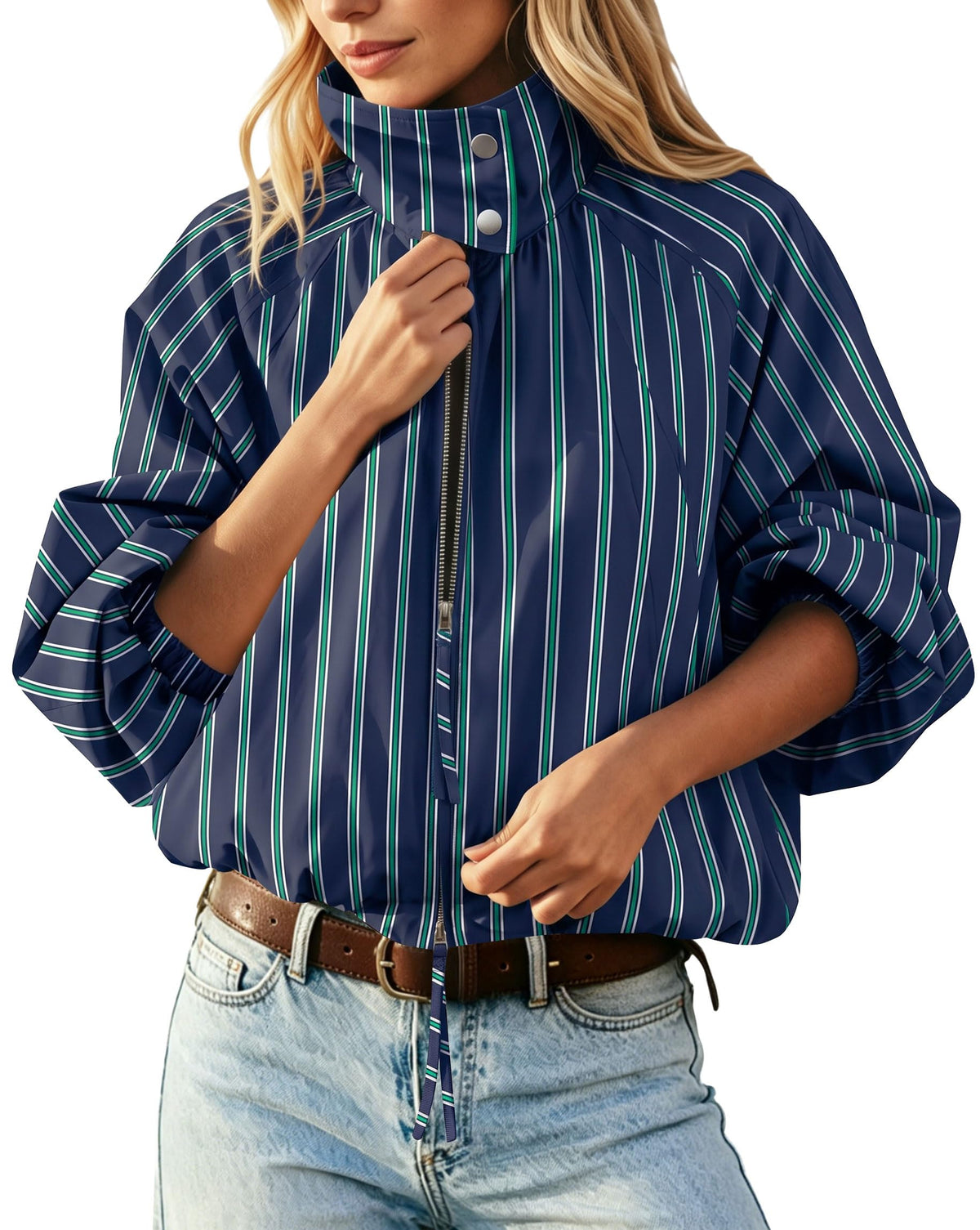 Womens Bomber Jacket Puffed Collar Trench Coat Funnel Neck Cropped Jackets