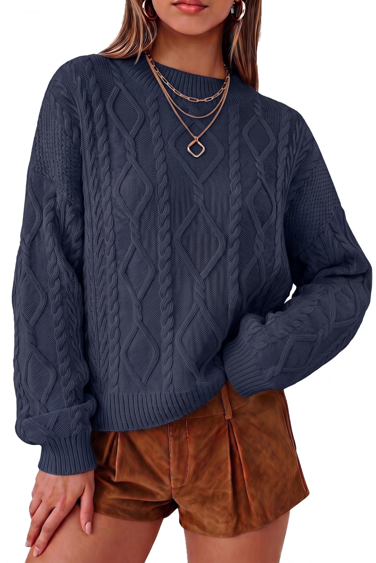 Arach&Cloz Women's Oversized Cropped Cable Knit Casual Sweater Tops