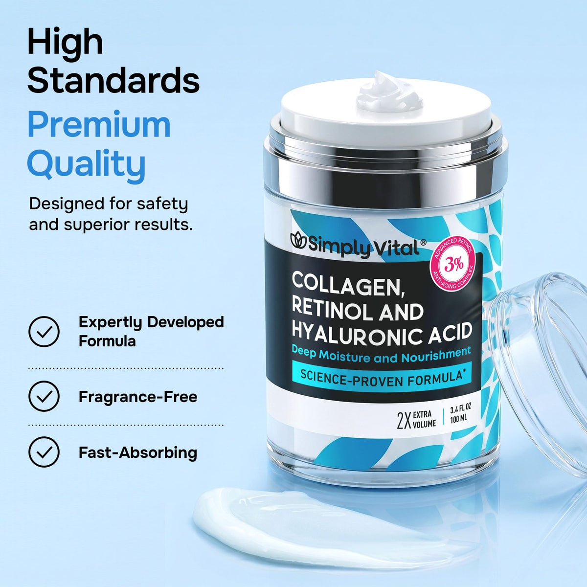 SimplyVital Face Moisturizer Retinol Collagen Hyaluronic Acid Cream 1.7 oz