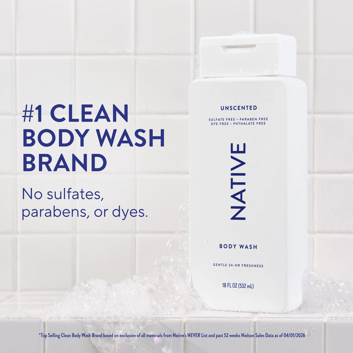 Native Clean Body Wash, Gentle & pH-balanced for Sensitive Skin, 24-Hr Freshness for Men & Women, Vegan & Cruelty-Free, Free of Sulfates & Parabens, Balsam & White Woods, 18 fl oz