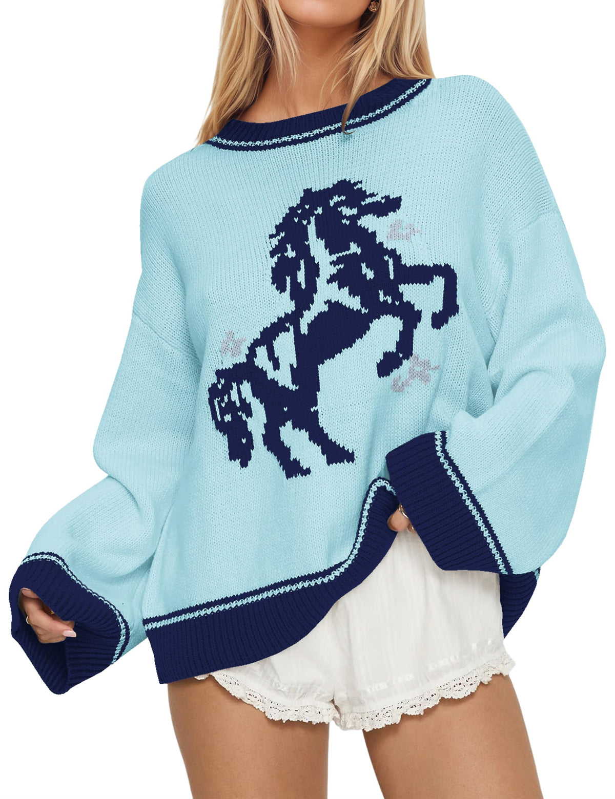 Women Oversized Horse Sweater Y2k Graphic Knit Pullover Long Sleeve Crewneck Aesthetic Horse Sweater Tops