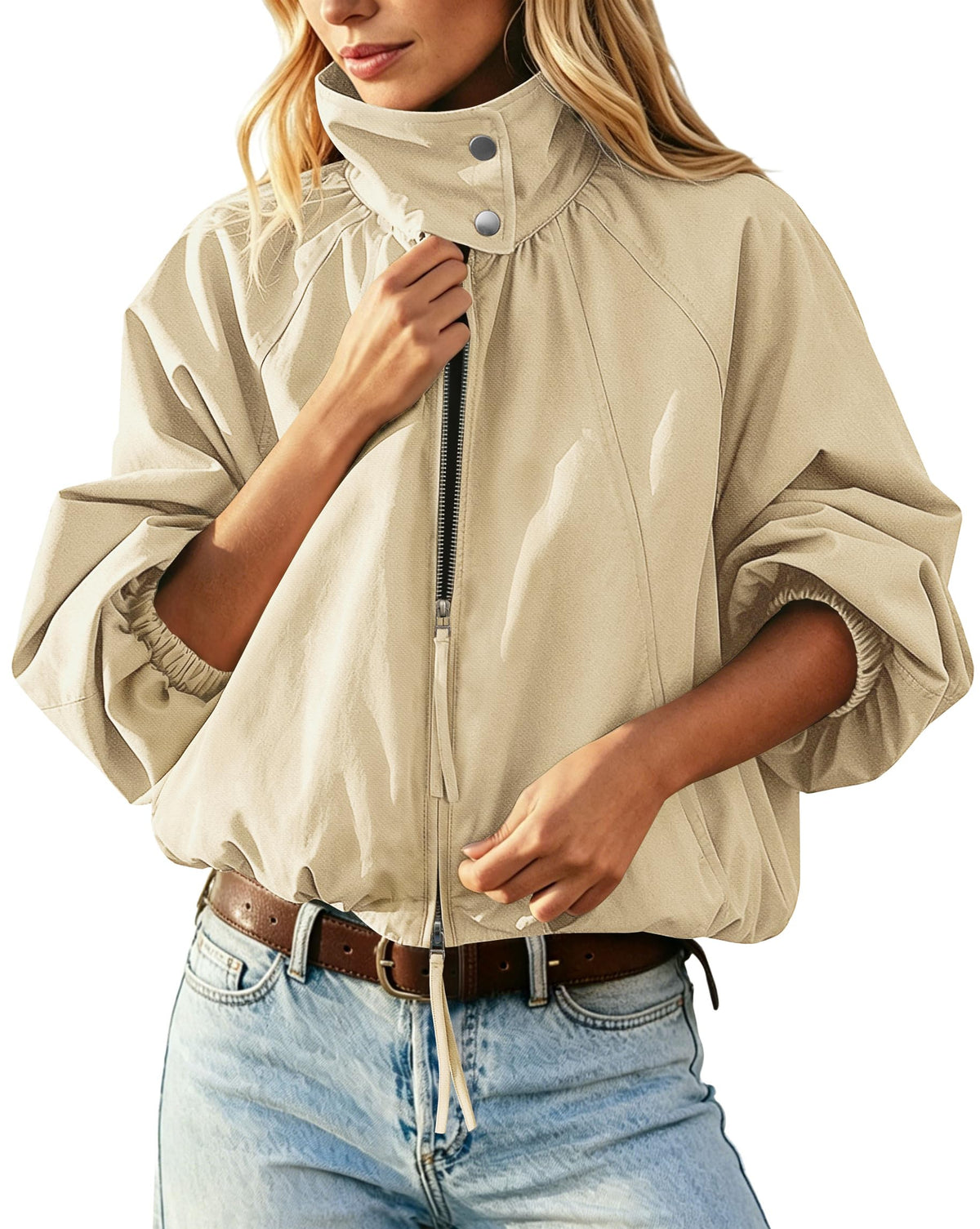 Womens Bomber Jacket Puffed Collar Trench Coat Funnel Neck Cropped Jackets