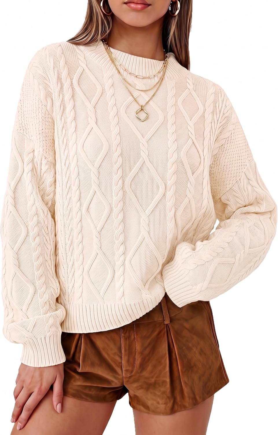 Arach&Cloz Women's Oversized Cropped Cable Knit Casual Sweater Tops