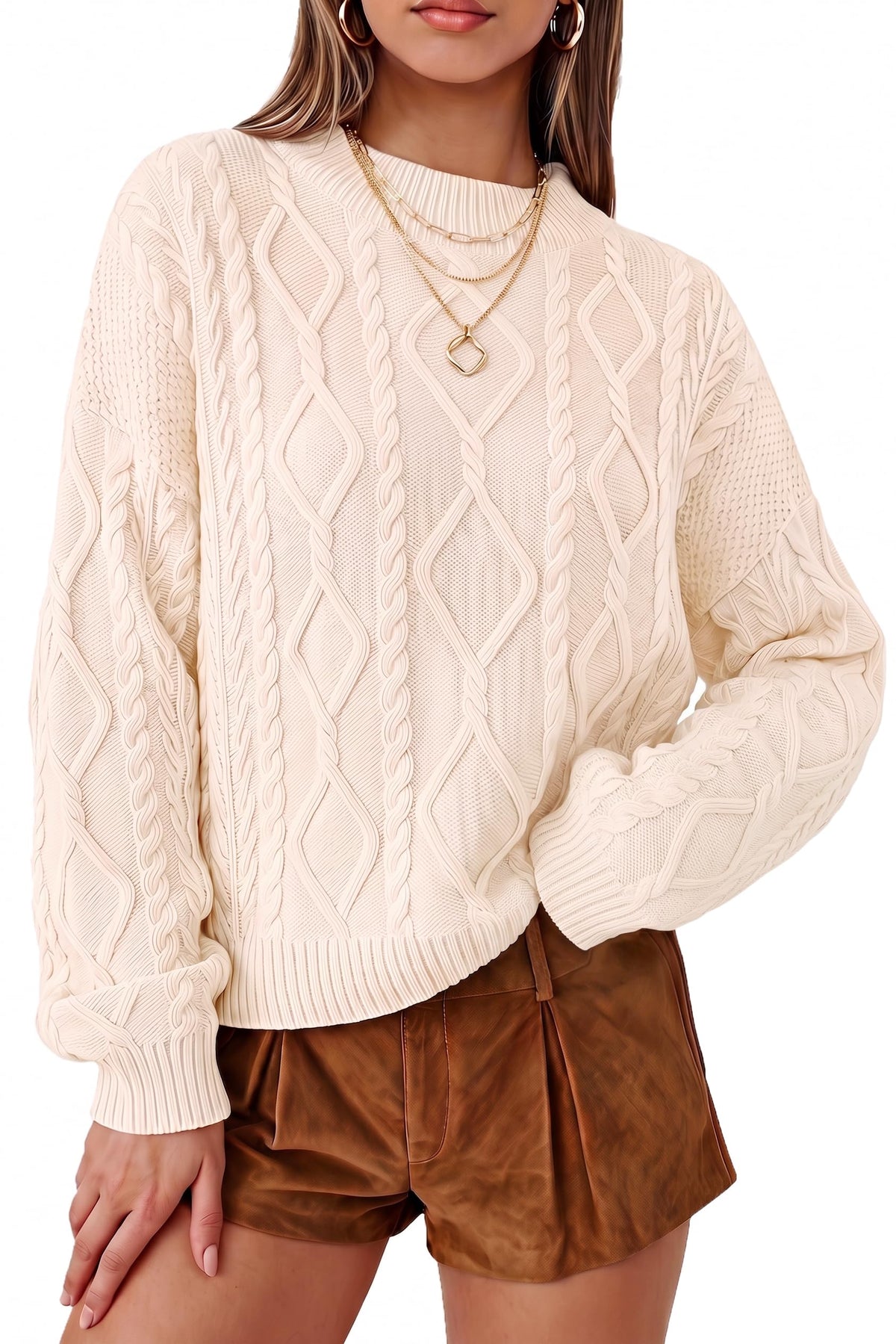 Arach&Cloz Women's Oversized Cropped Cable Knit Casual Sweater Tops