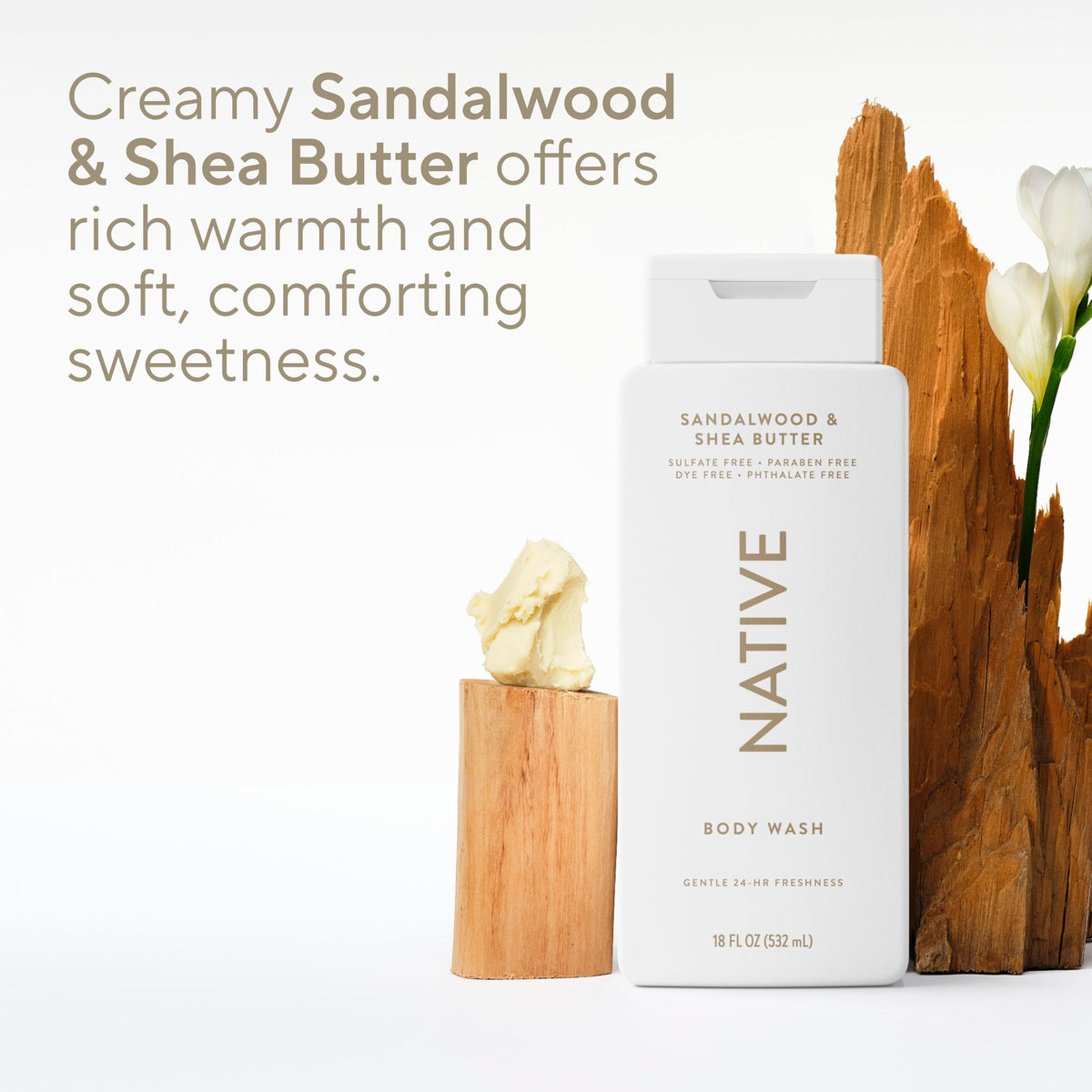 Native Clean Body Wash, Gentle & pH-balanced for Sensitive Skin, 24-Hr Freshness for Men & Women, Vegan & Cruelty-Free, Free of Sulfates & Parabens, Balsam & White Woods, 18 fl oz