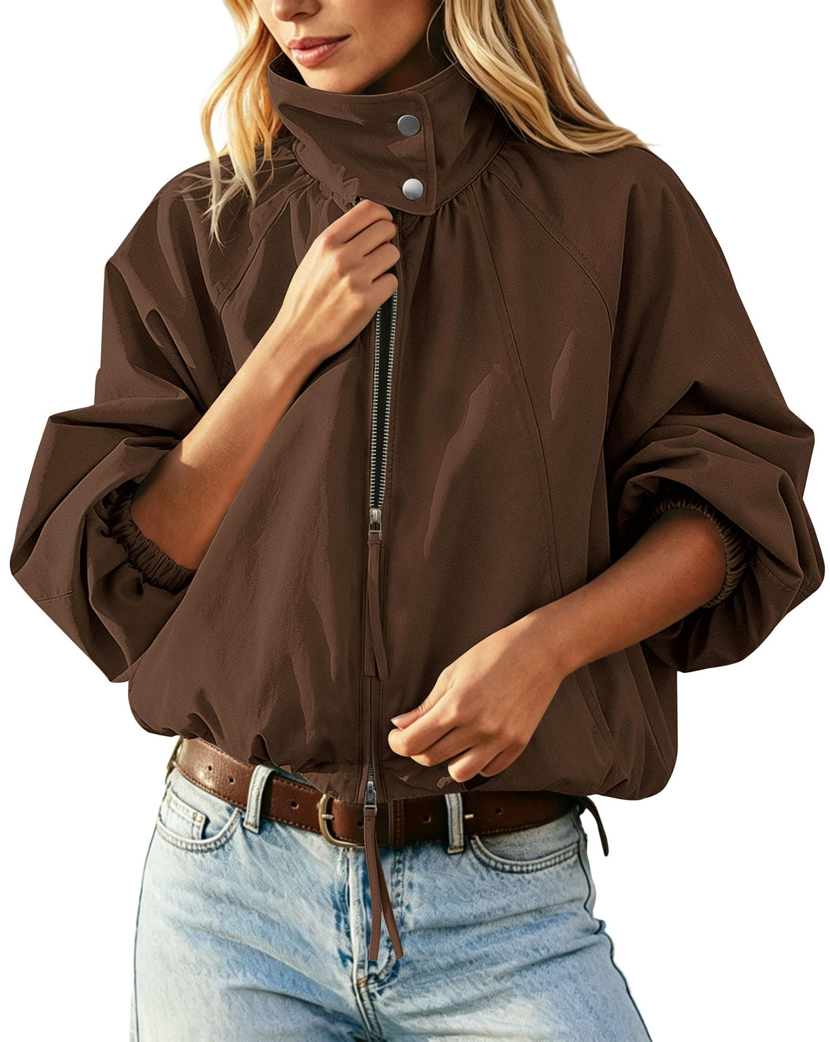 Womens Bomber Jacket Puffed Collar Trench Coat Funnel Neck Cropped Jackets