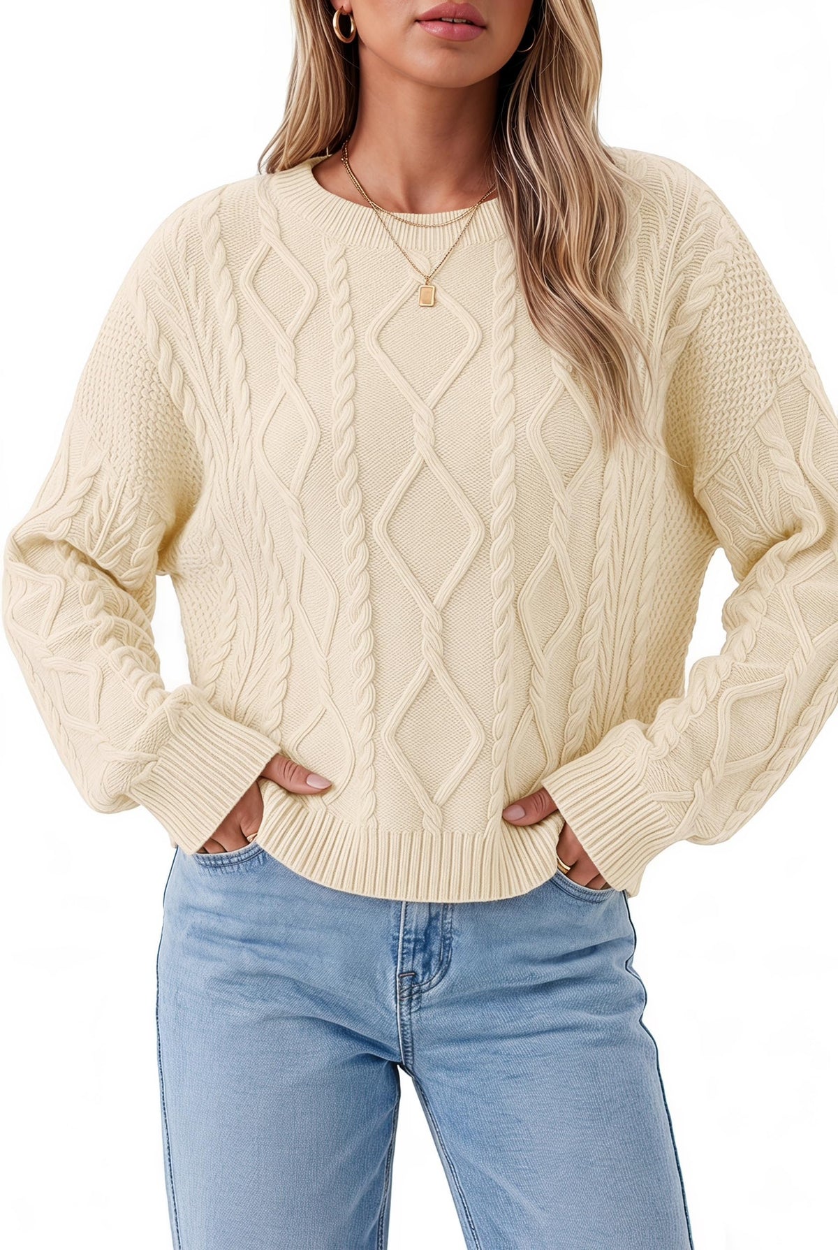 Arach&Cloz Women's Oversized Cropped Cable Knit Casual Sweater Tops