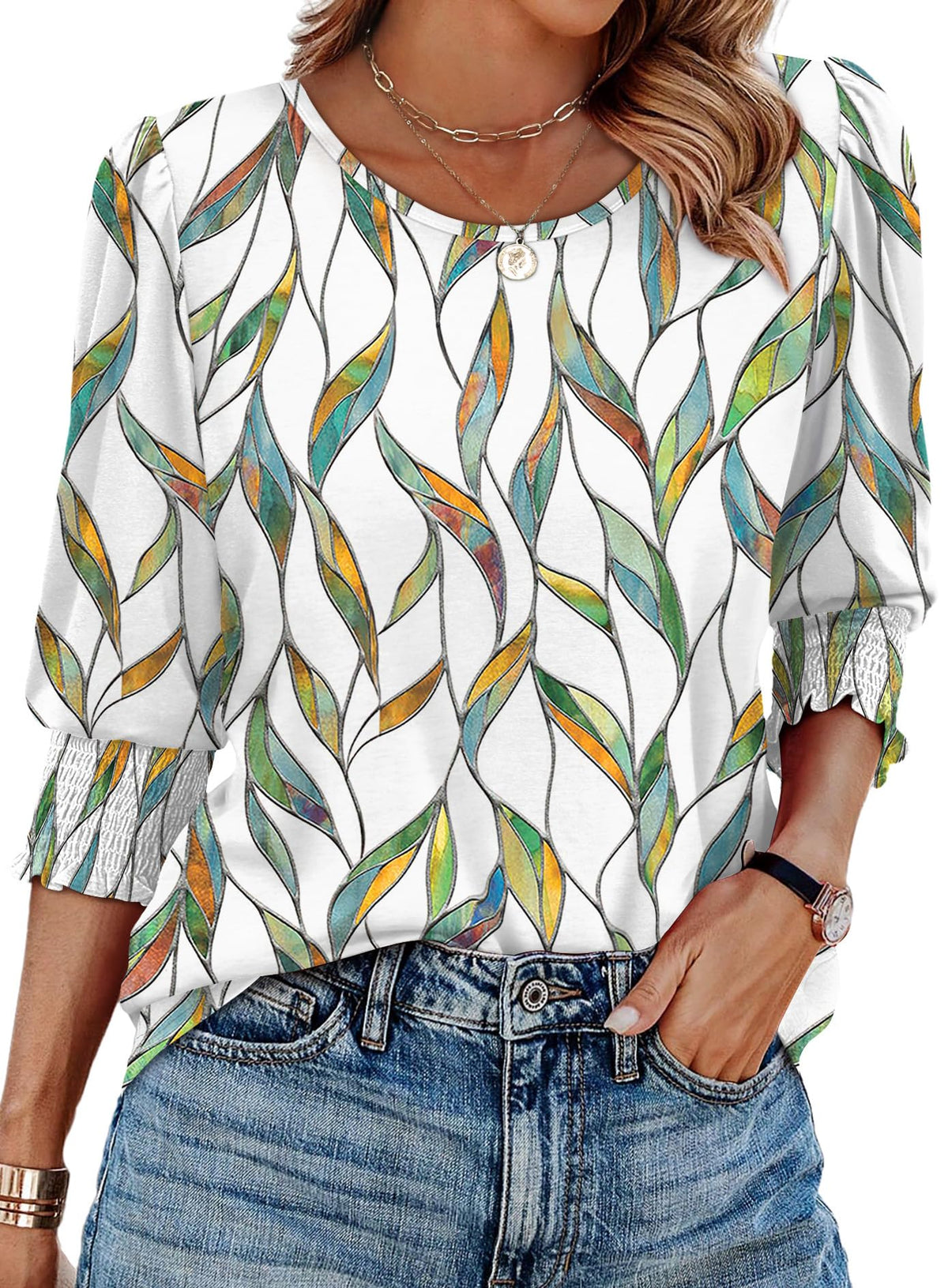 XIEERDUO Blouses for Women Dressy Casual 3/4 Length Sleeve Womens Tops with Smocked Cuffs