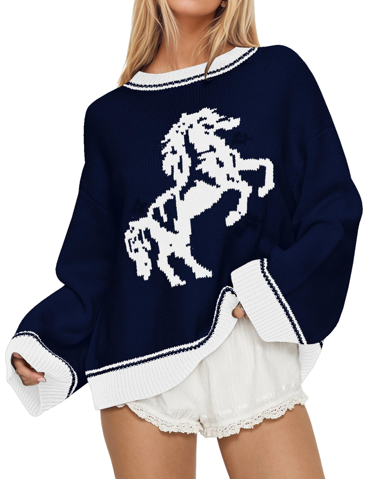 Women Oversized Horse Sweater Y2k Graphic Knit Pullover Long Sleeve Crewneck Aesthetic Horse Sweater Tops