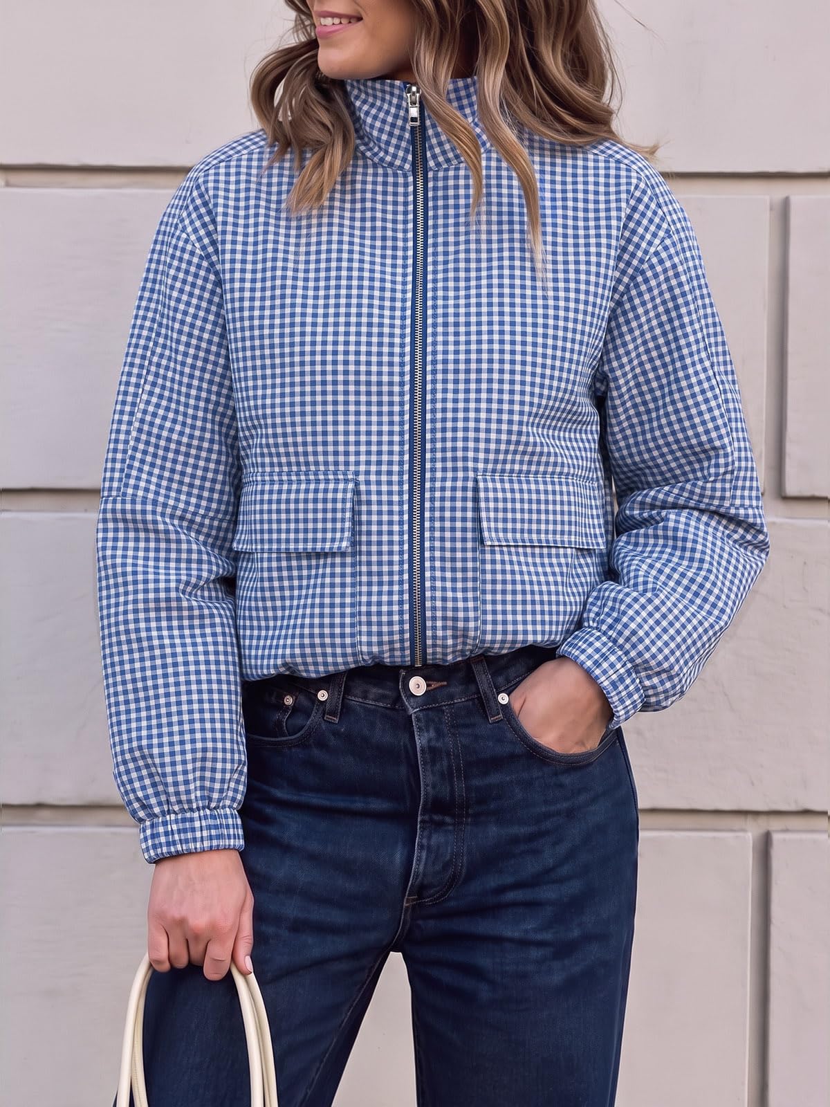Womens Cropped Plaid Jacket Zip Up Lightweight Casual Coat with Pockets
