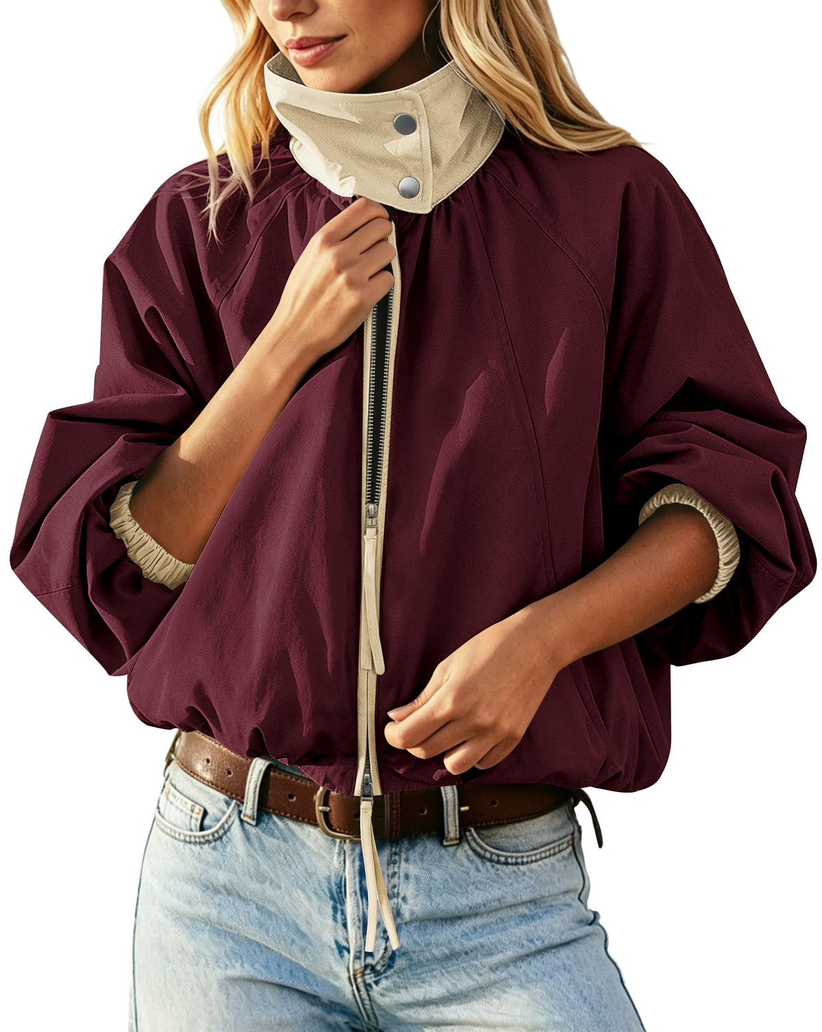 Womens Bomber Jacket Puffed Collar Trench Coat Funnel Neck Cropped Jackets