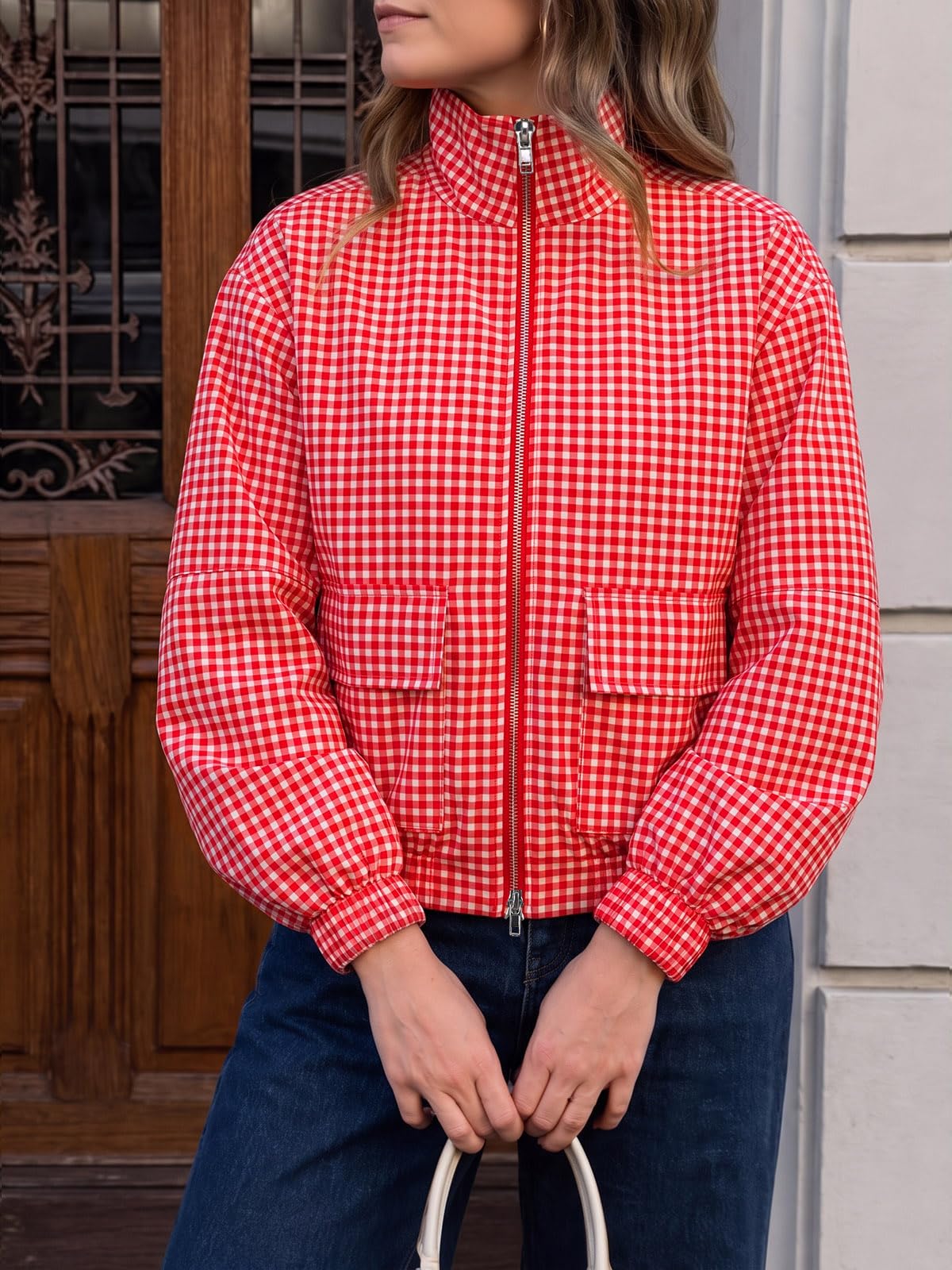 Womens Cropped Plaid Jacket Zip Up Lightweight Casual Coat with Pockets