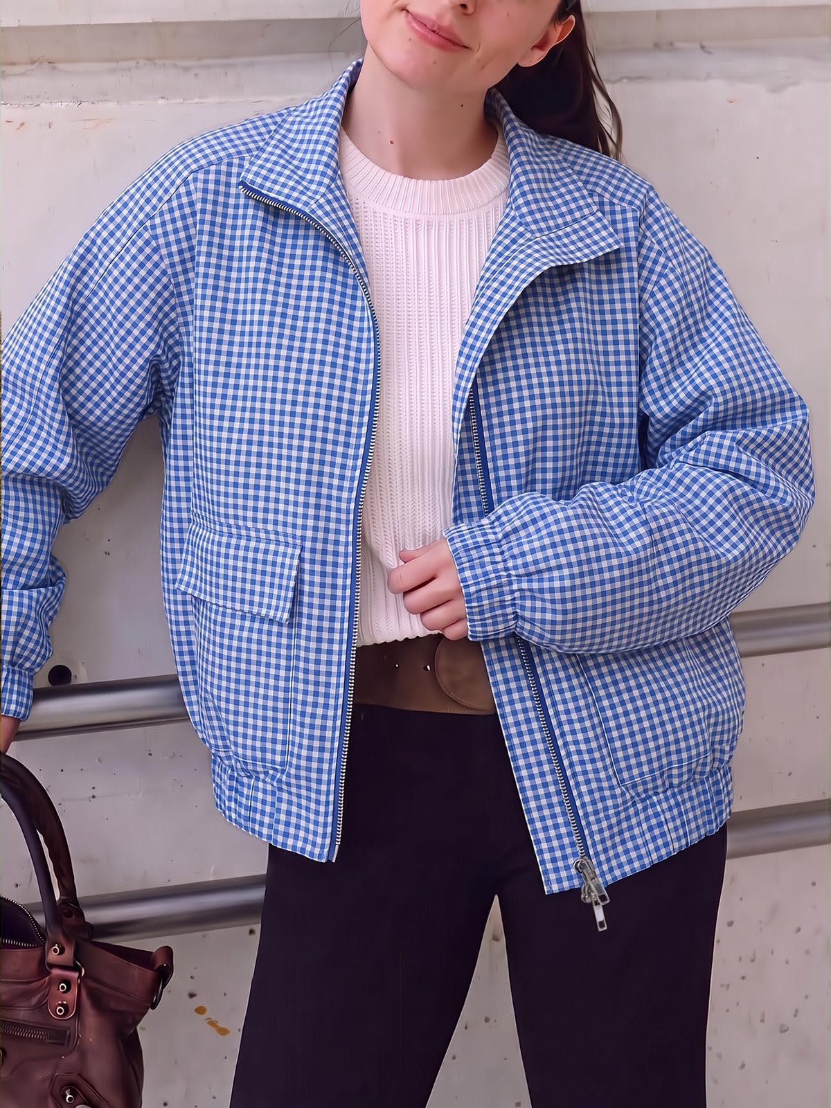 Womens Cropped Plaid Jacket Zip Up Lightweight Casual Coat with Pockets