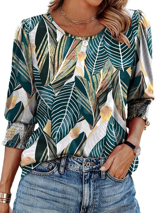 XIEERDUO Blouses for Women Dressy Casual 3/4 Length Sleeve Womens Tops with Smocked Cuffs